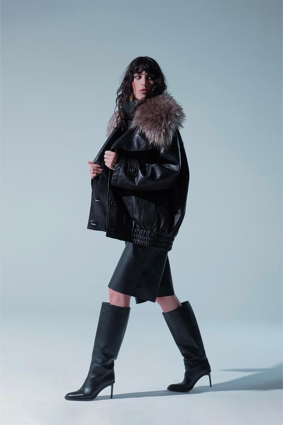 BLANCHA GIACCONE  NERO/NATURALE / 36 Giacca in pelle con dettagli in cahsmere Blancha
