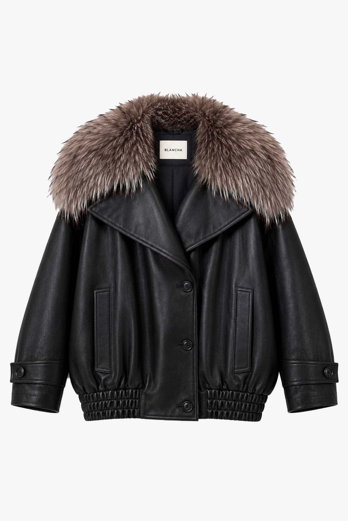 BLANCHA GIACCONE  NERO/NATURALE / 36 Giacca in pelle con dettagli in cahsmere Blancha