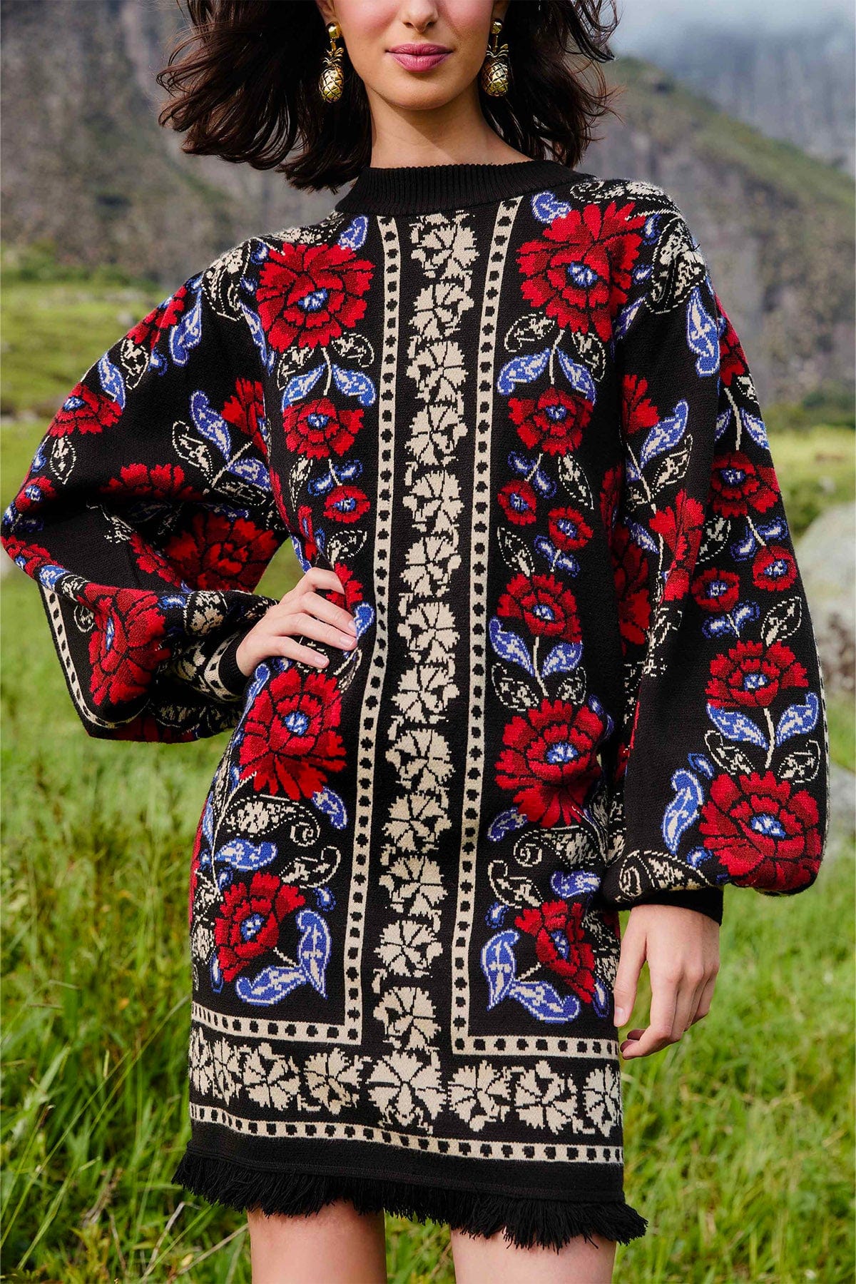 FARM RIO ABITO  Abito in maglia fantasia rose rosse Farm Rio