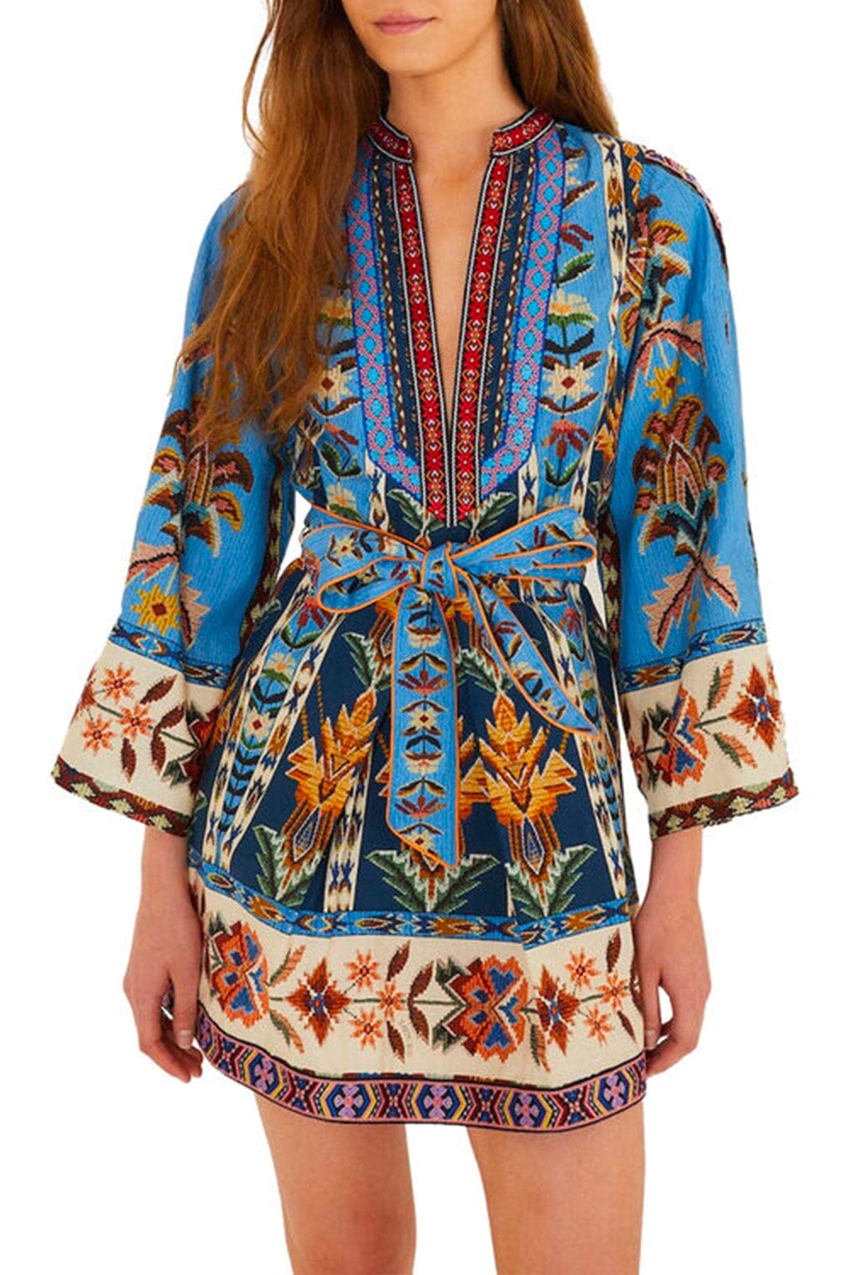 FARM RIO ABITO  Embroidered tapestry blue mini dress Farm rio