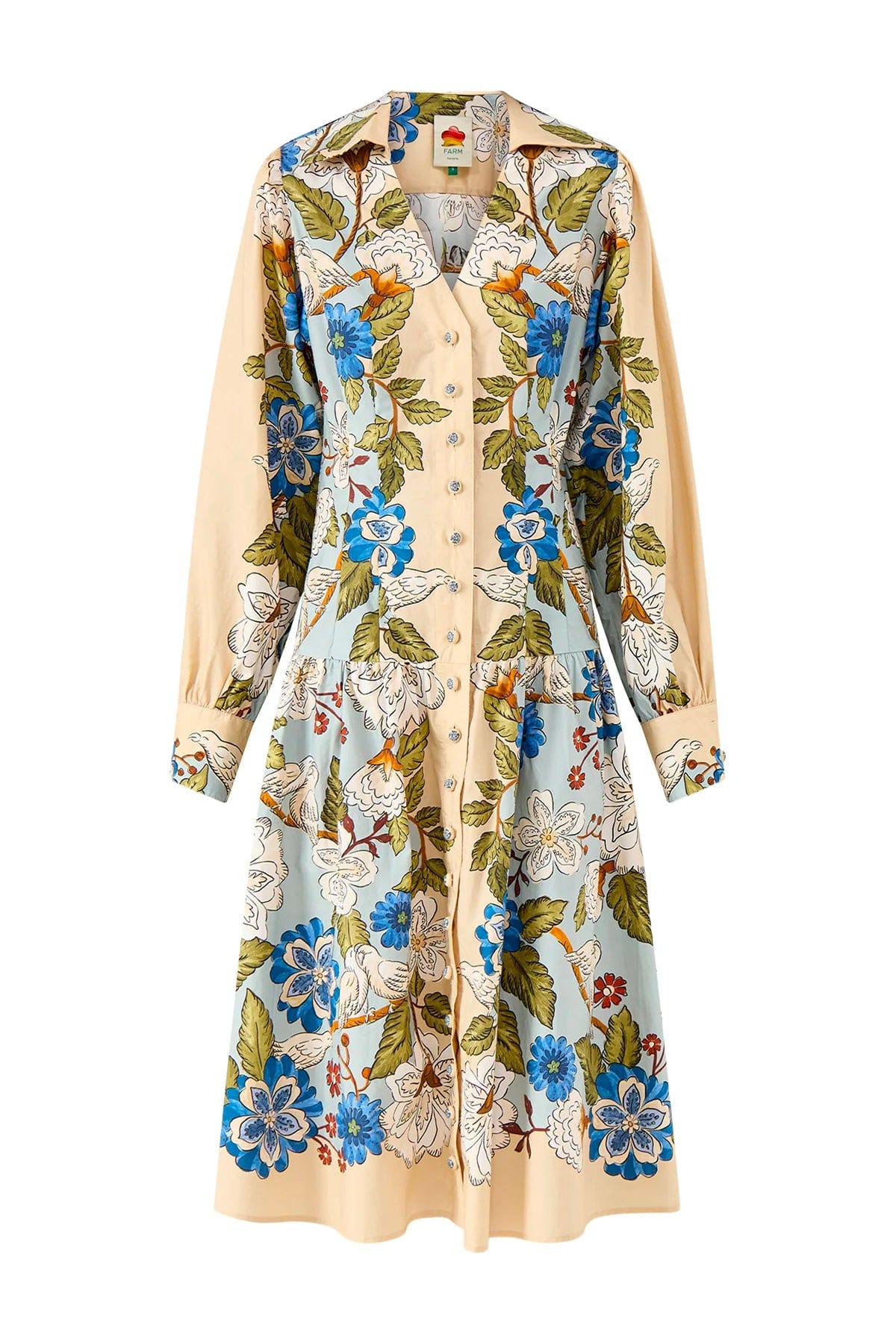 FARM RIO ABITO  FONDO BIANCO / XXS Garden scarf blue long sleeve midi dress Farm Rio