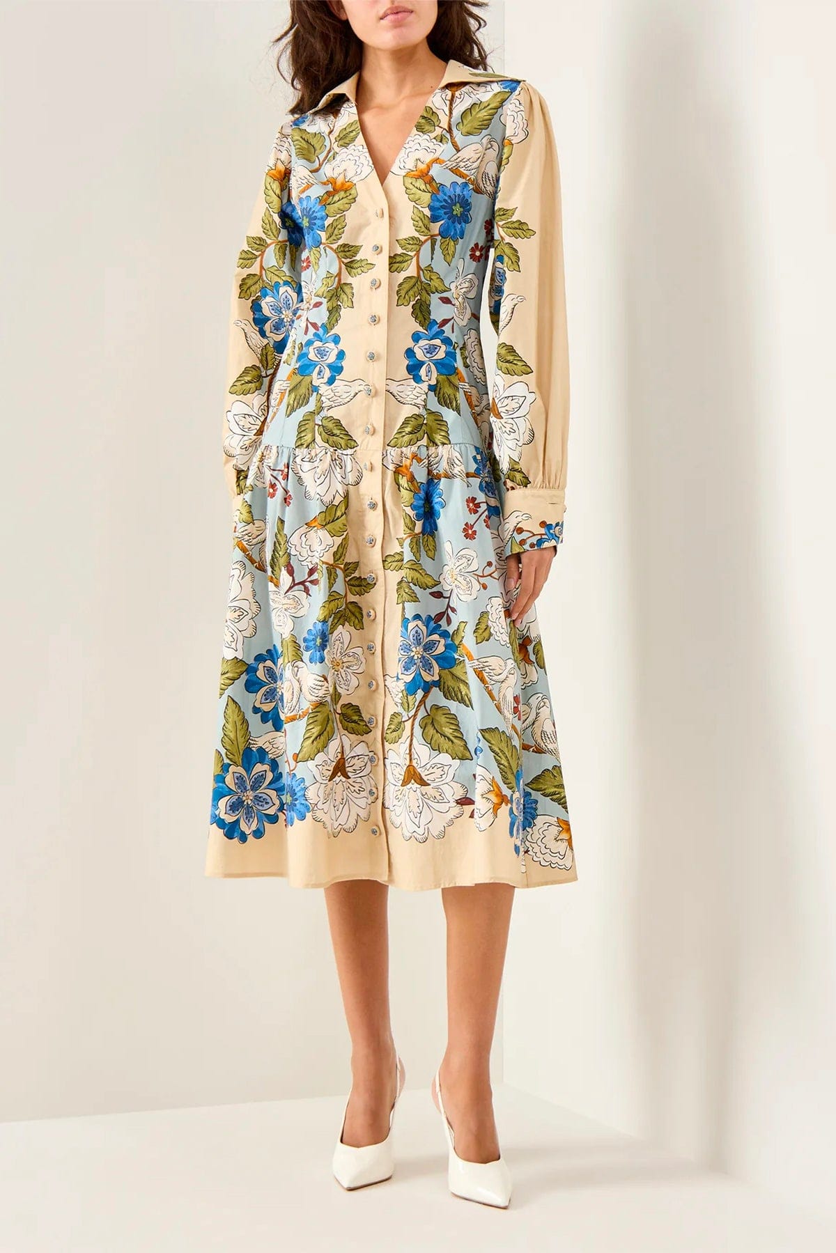 FARM RIO ABITO  Garden scarf blue long sleeve midi dress Farm Rio