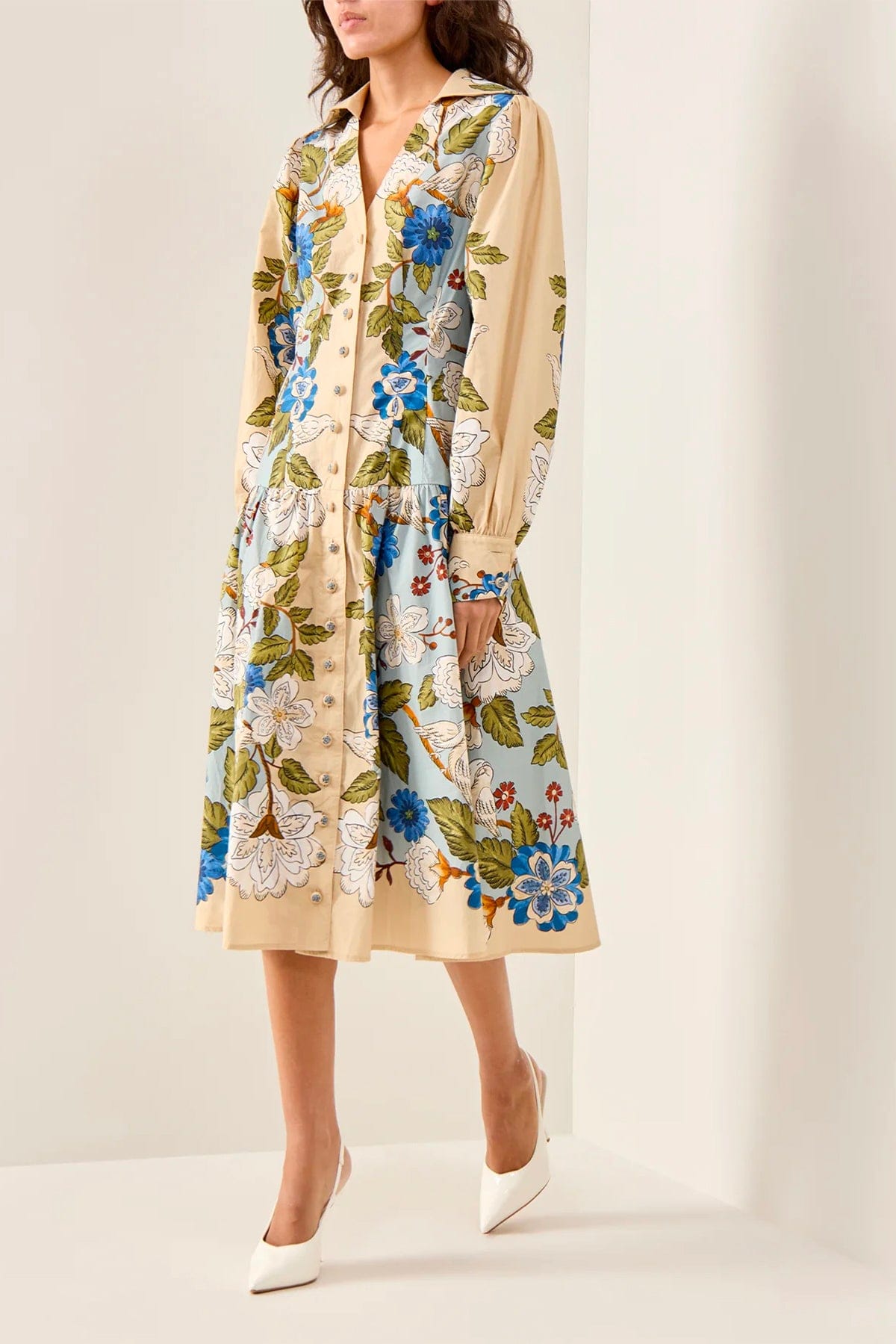 FARM RIO ABITO  Garden scarf blue long sleeve midi dress Farm Rio