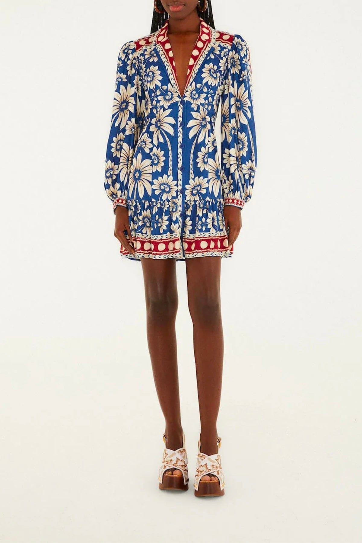 FARM RIO ABITO  FONDO BLU FIORATO / XXS Luna blue long sleeve mini dress Farm Rio