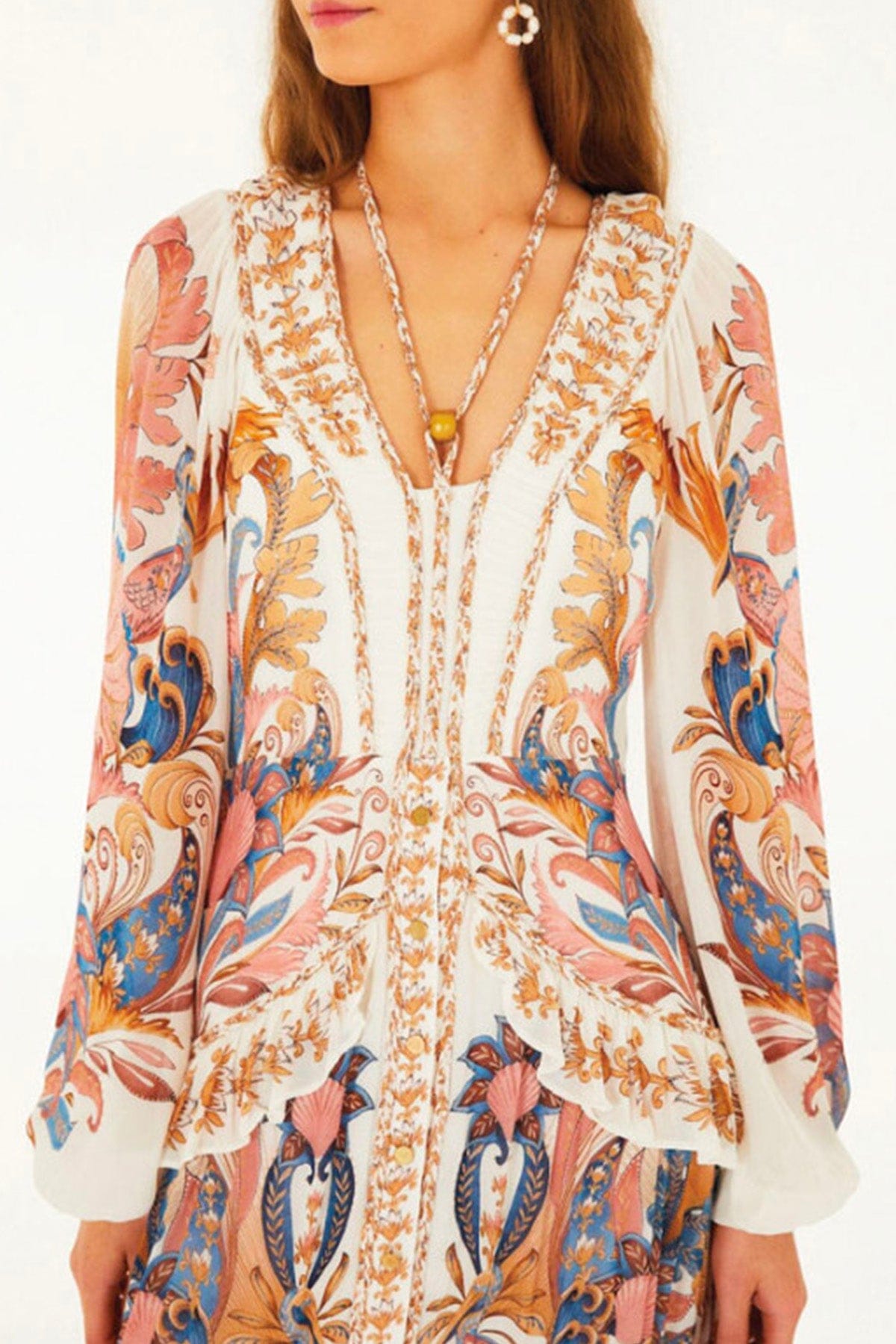 FARM RIO ABITO  Sea garden off-white  braid details long dress Farm Rio