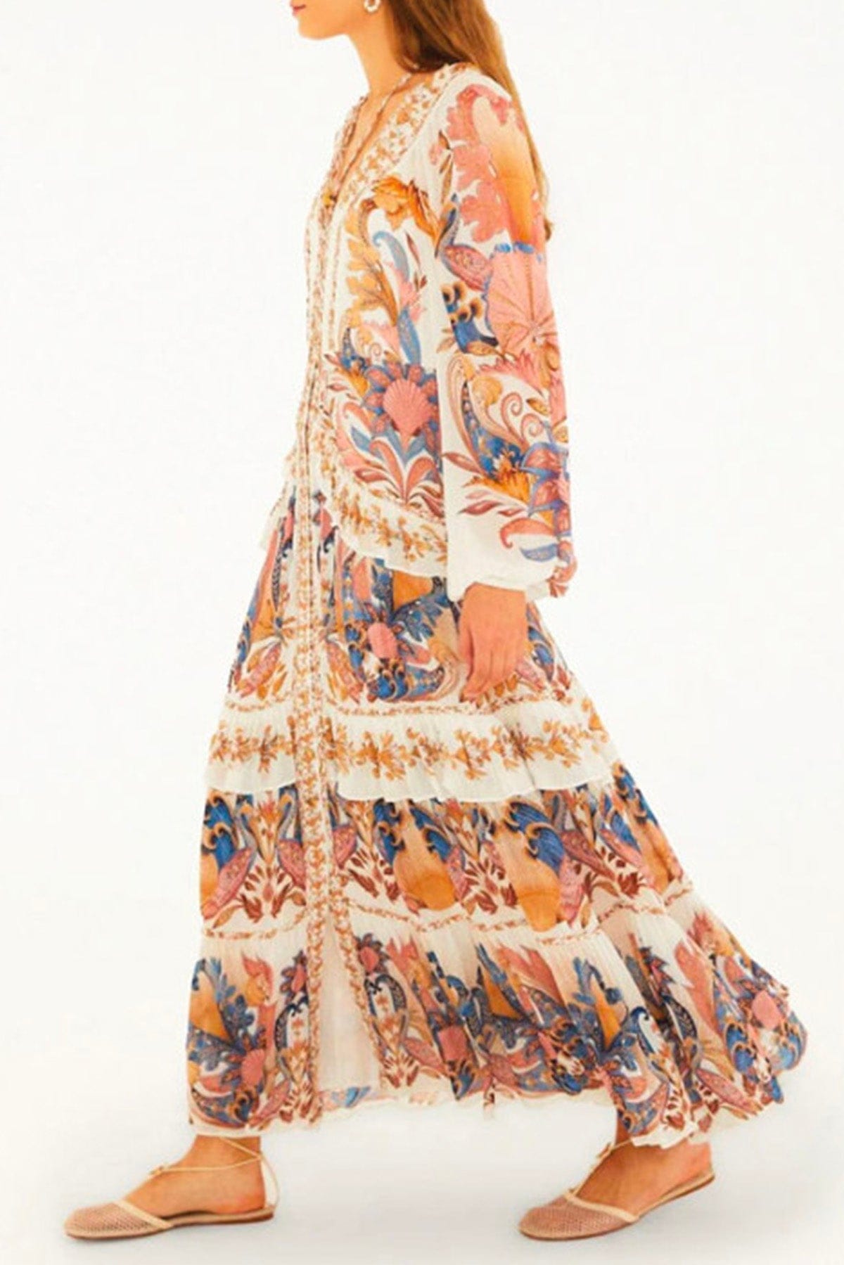 FARM RIO ABITO  Sea garden off-white  braid details long dress Farm Rio