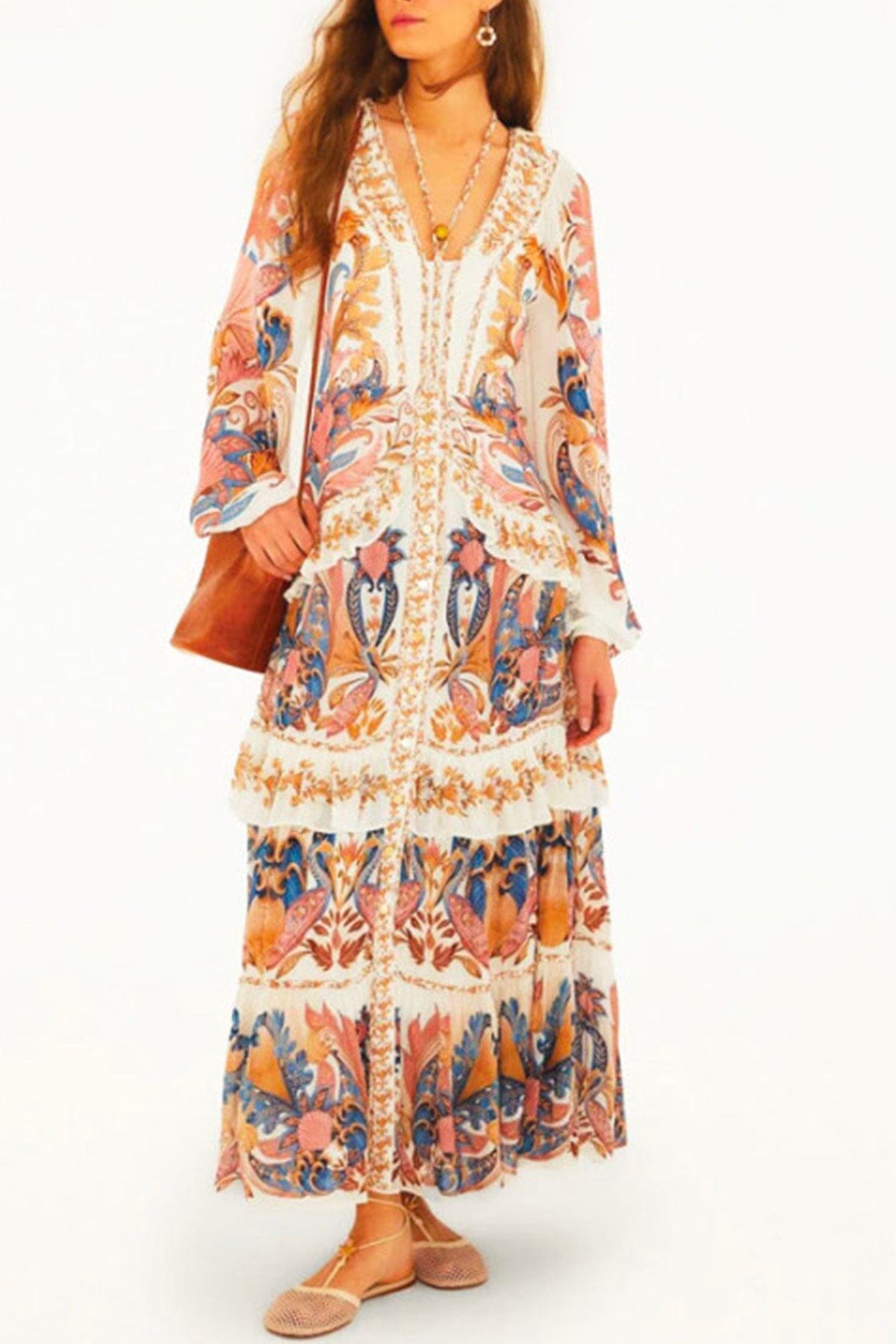 FARM RIO ABITO  SEA GARDEN OFF WHITE / XXS Sea garden off-white  braid details long dress Farm Rio