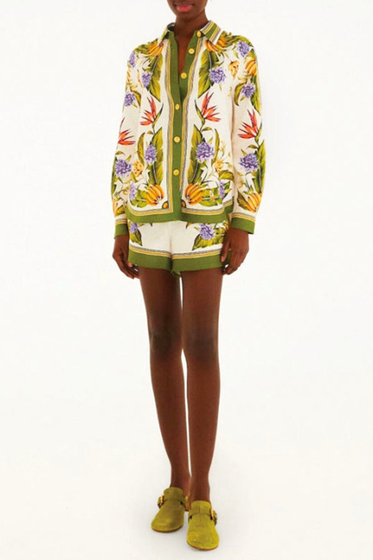 FARM RIO CAMICIA  VERDE/SABBIA / XXS Tropical scarf sand shirt camicia Farm Rio