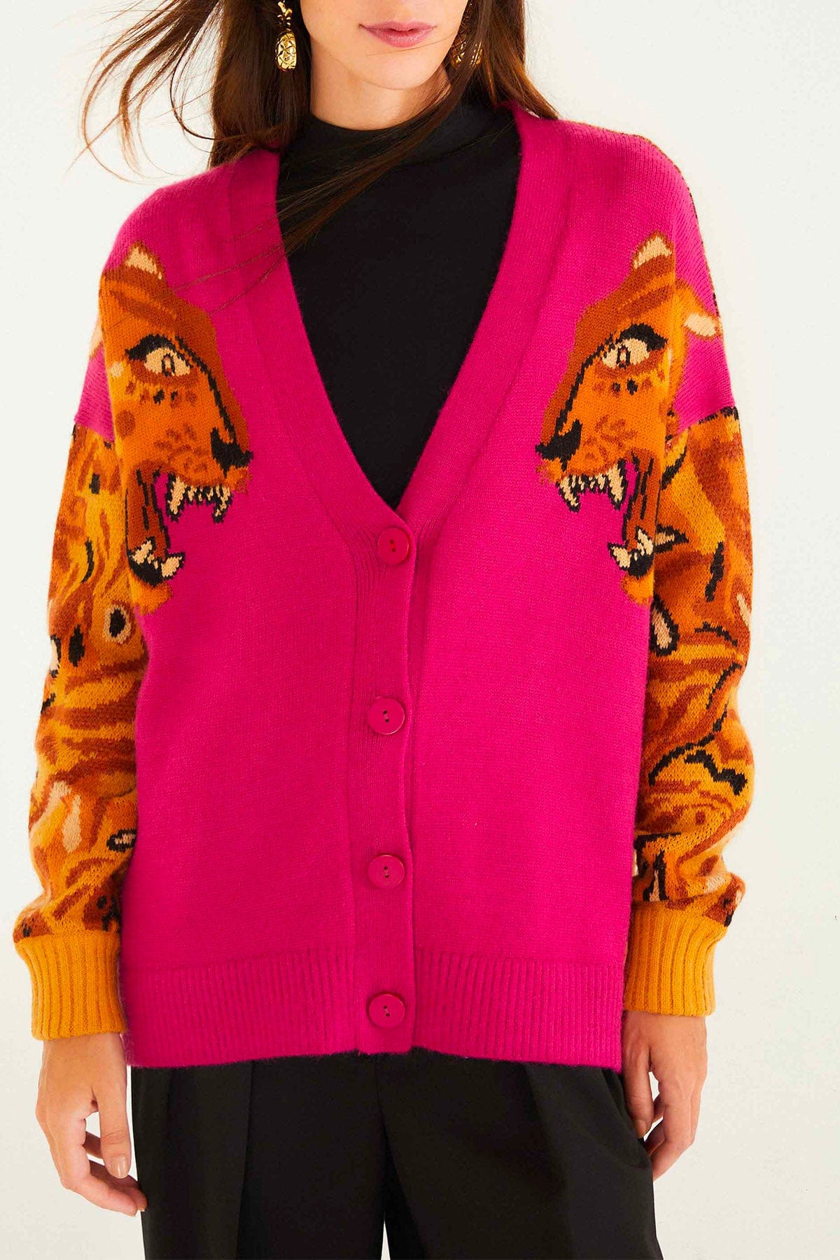 FARM RIO CARDIGAN  ROSSO CILIEGIA / XXS Cardigan ricamo tigre in lana Farm Rio