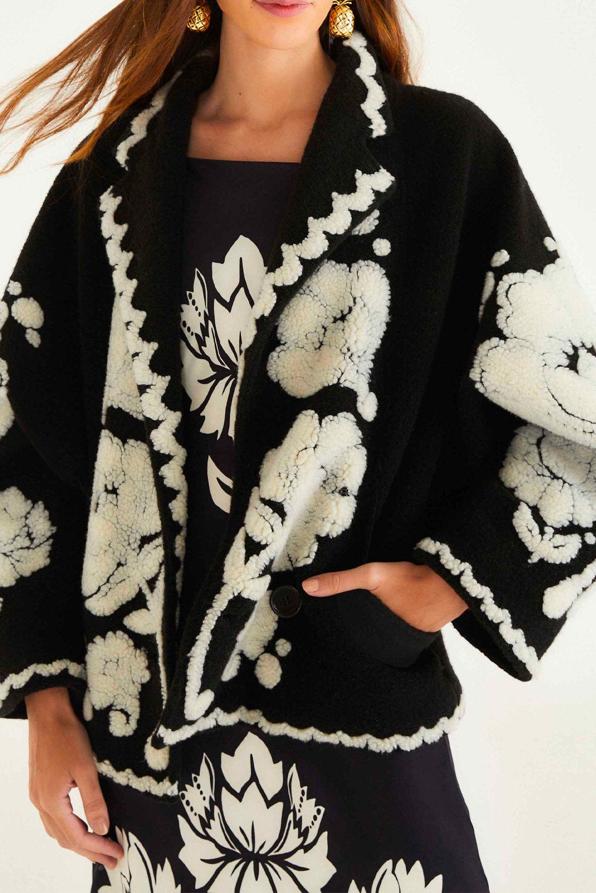 FARM RIO GIACCONE  FONDO NERO / XXS Giaccone in lana donna fantasia a fiori Farm Rio