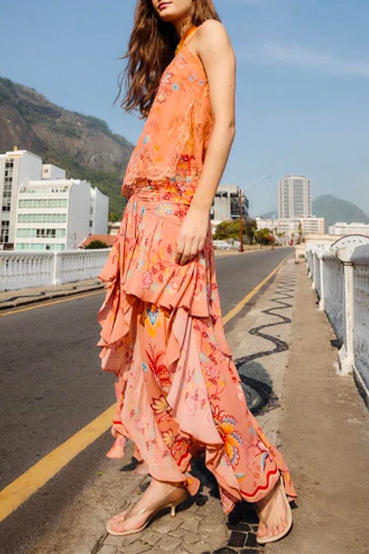 FARM RIO GONNA  Boho enchance mocha maxi ruffles skirt Farm Rio