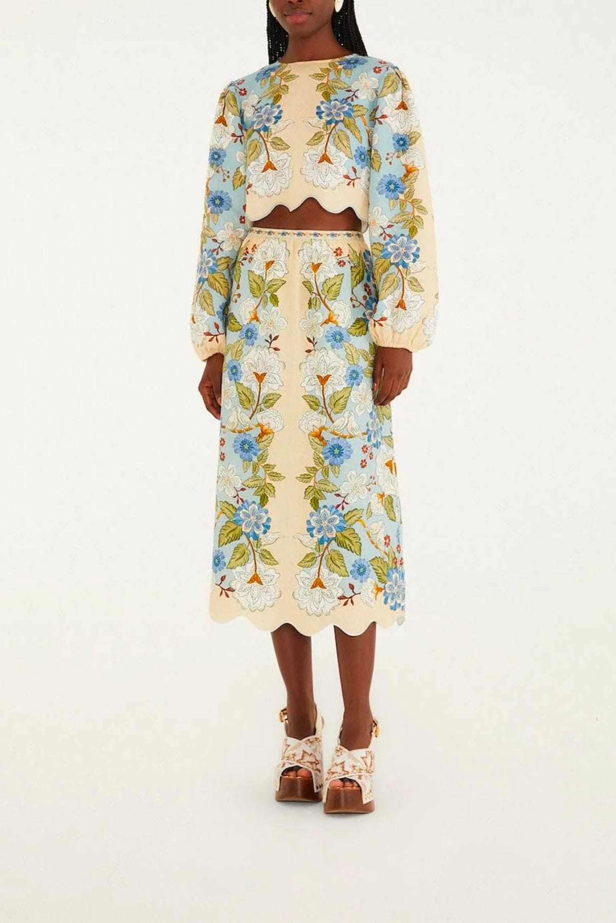 FARM RIO GONNA  FONDO BIANCO / XXS Garden scarf blue midi skirt Farm Rio