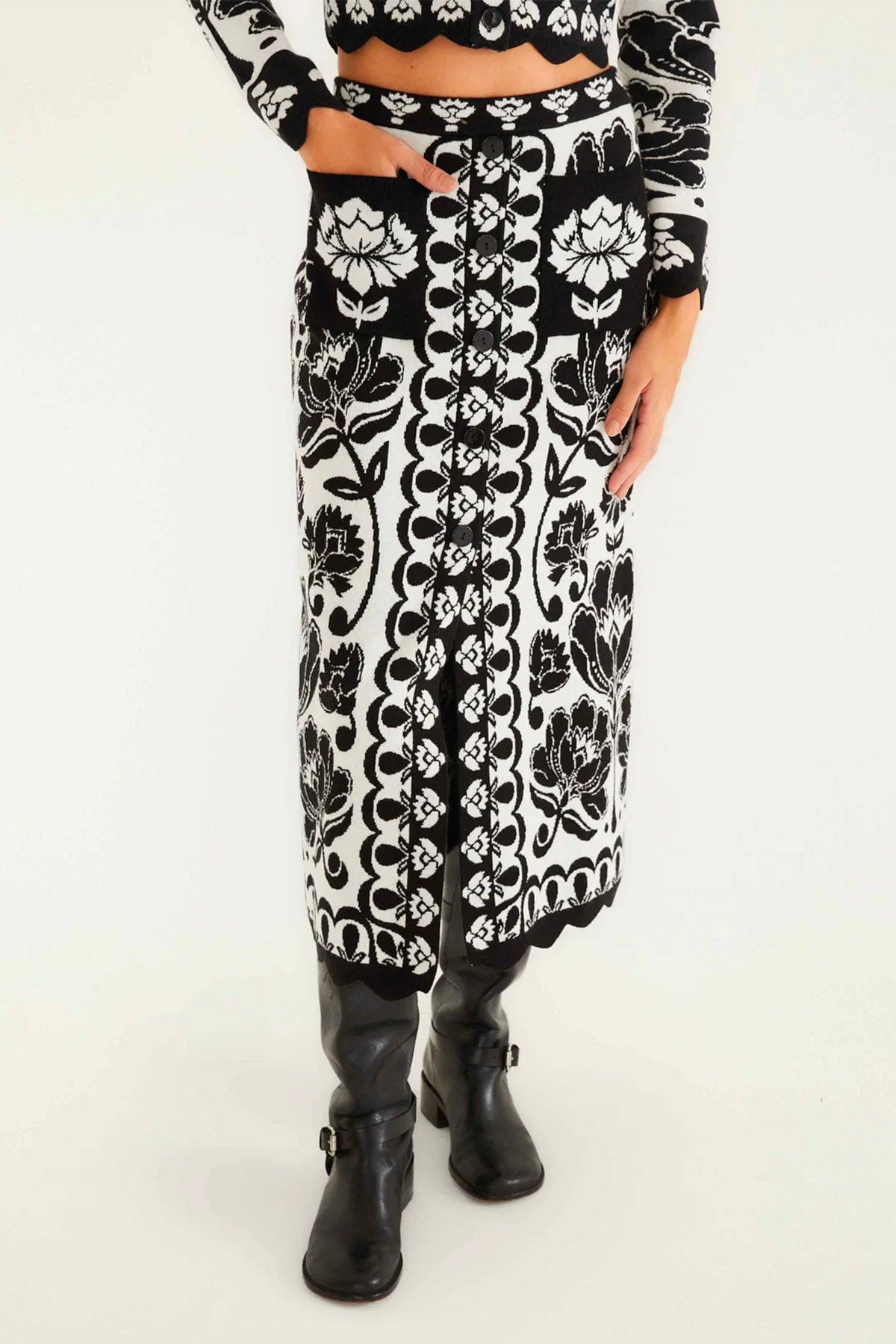 FARM RIO GONNA  FONDO BIANCO / XXS Gonna in maglia fantasia florale bianco e nero Farm Rio