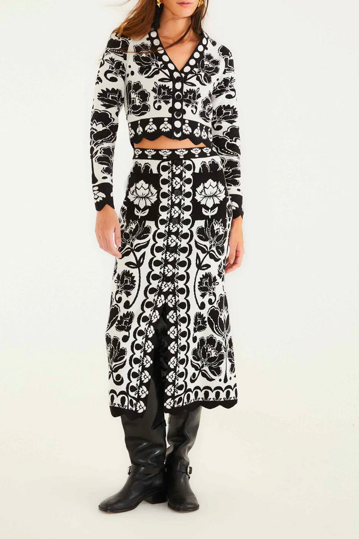 FARM RIO GONNA  FONDO BIANCO / XXS Gonna in maglia fantasia florale bianco e nero Farm Rio