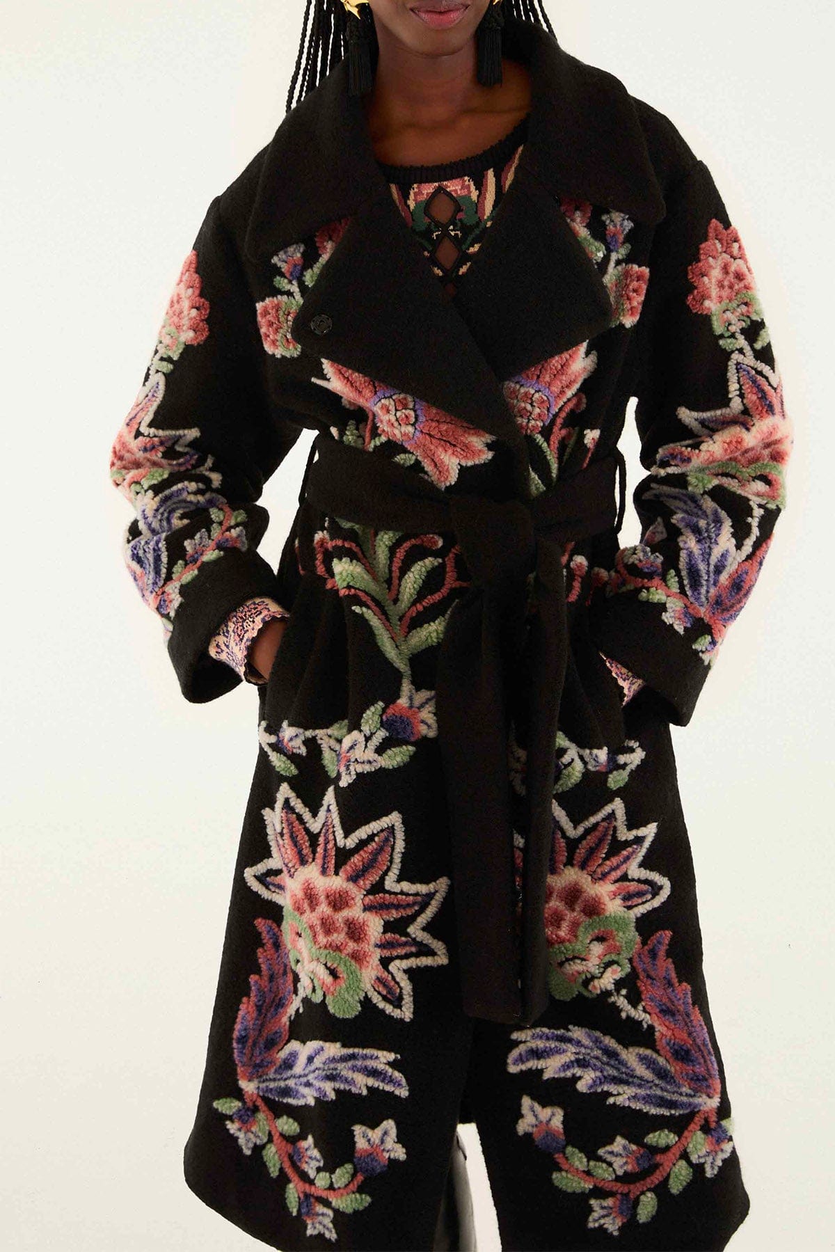 FARM RIO MANTELLO-MANTELLA  NERO / XXS Cappotto in lana ricamo garden donna Farm Rio 340224