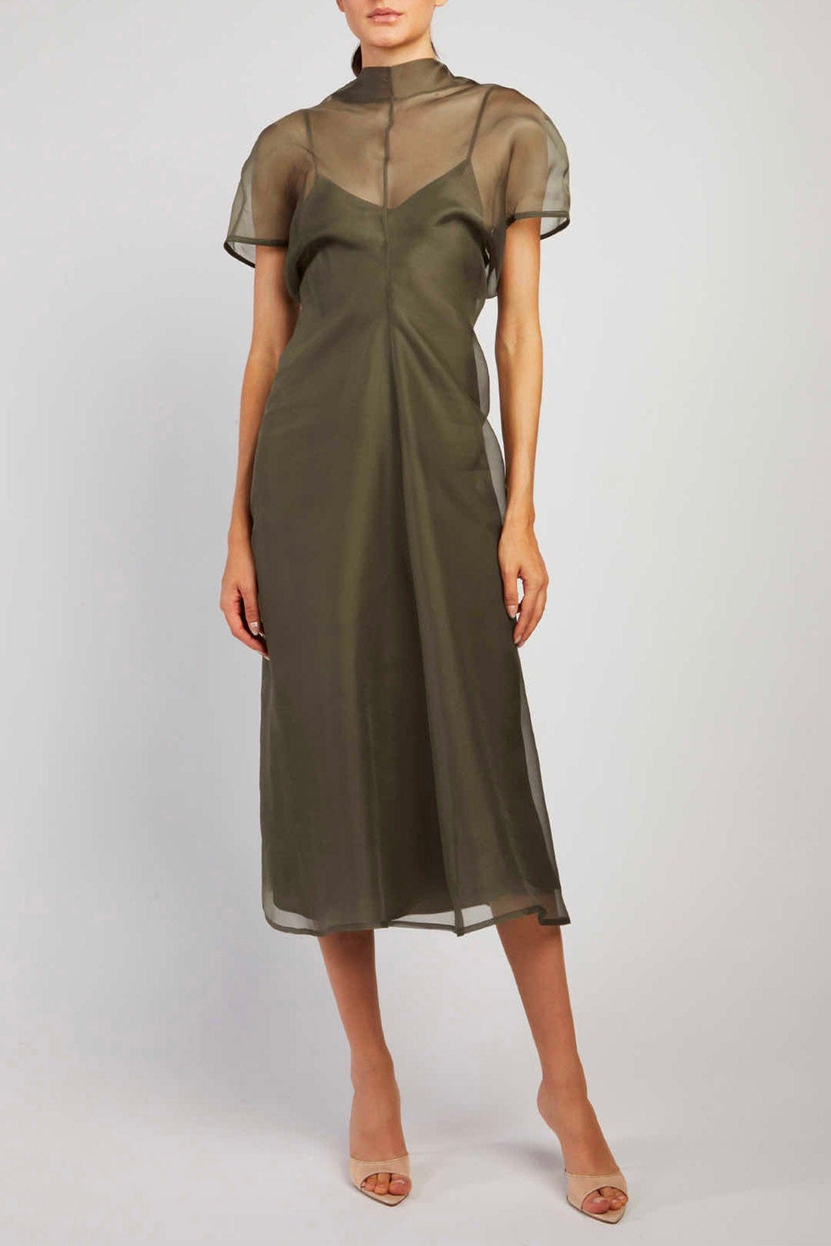 FEDERICA TOSI ABITO  VERDE MILITARE / 36 Abito in organza di seta con sottoveste