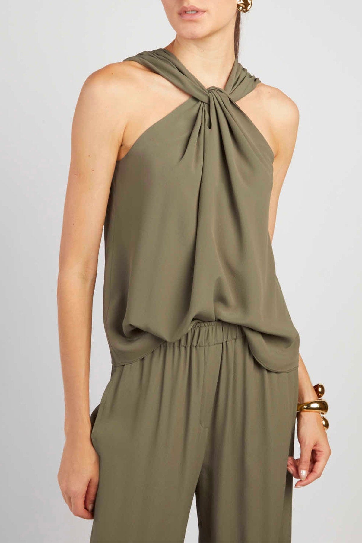 FEDERICA TOSI TOP-CANOTTIERA IN TES.  VERDE MILITARE / 36 Top con nodo incrociato crepe de chine Federica Tosi
