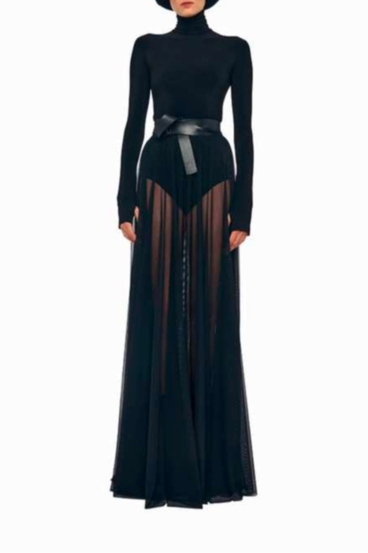 MARELLA ABITO  NERO / XXS Long sleeve turtle neck flared gown W Body-suit Norma Kamali Nero