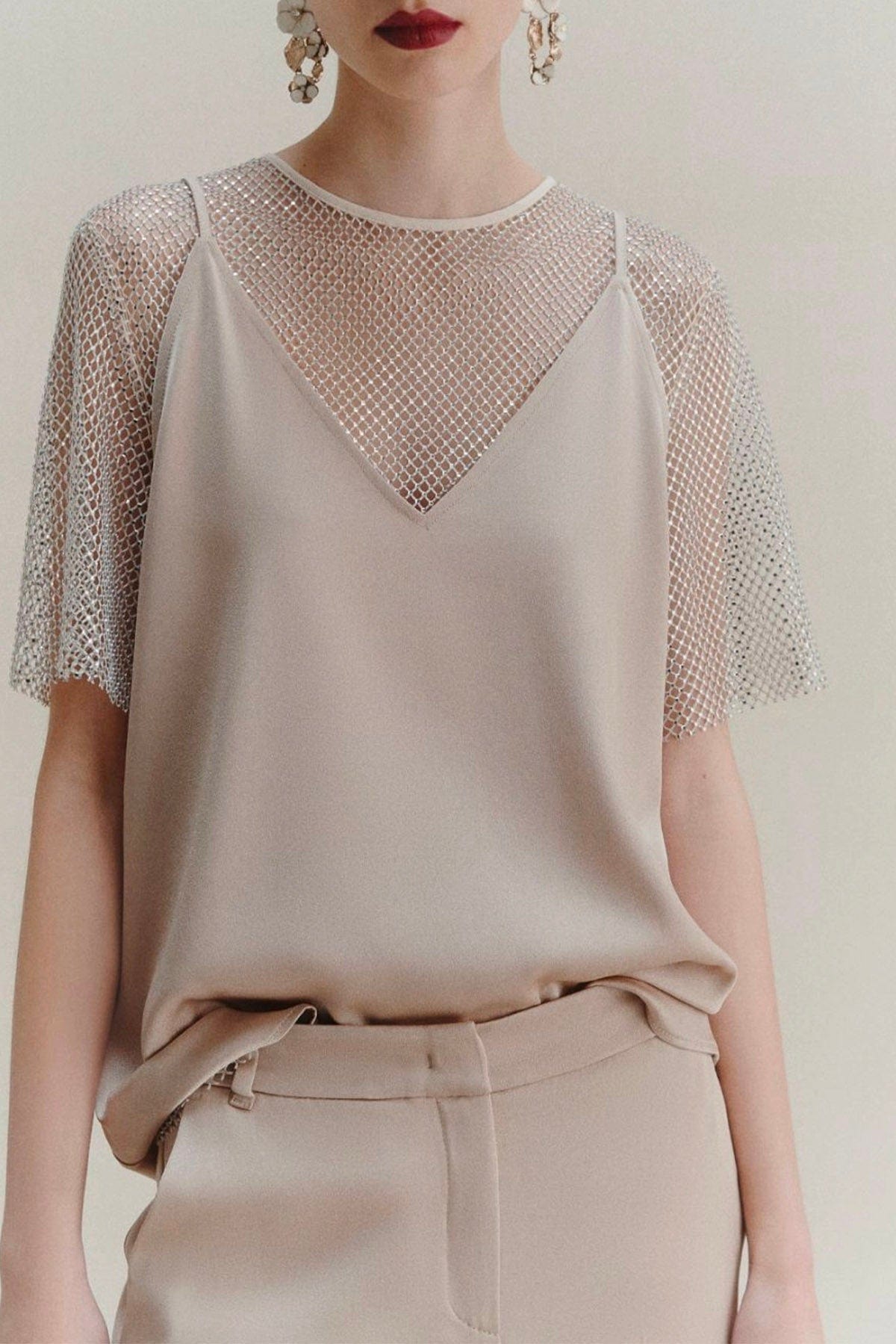 MARELLA BODY/ TOP  BIANCO GESSO / XXS Top in rete con dettaglio strass Marella Lodola