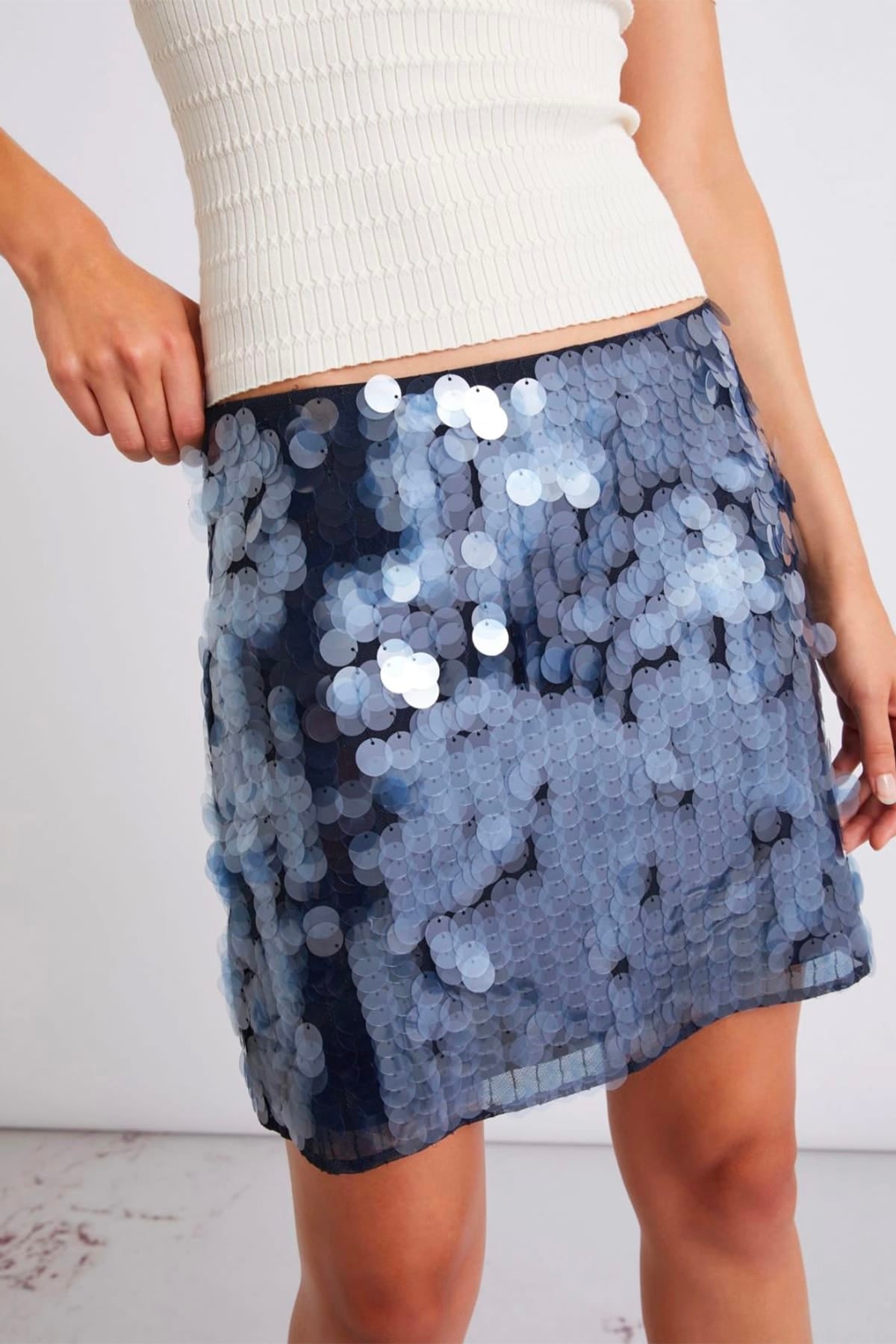 MARELLA GONNA IN JERSEY  BLU NOTTE CON PAILLETTES / XXS Gonna corta donna con paillettes Marella Mllpepli