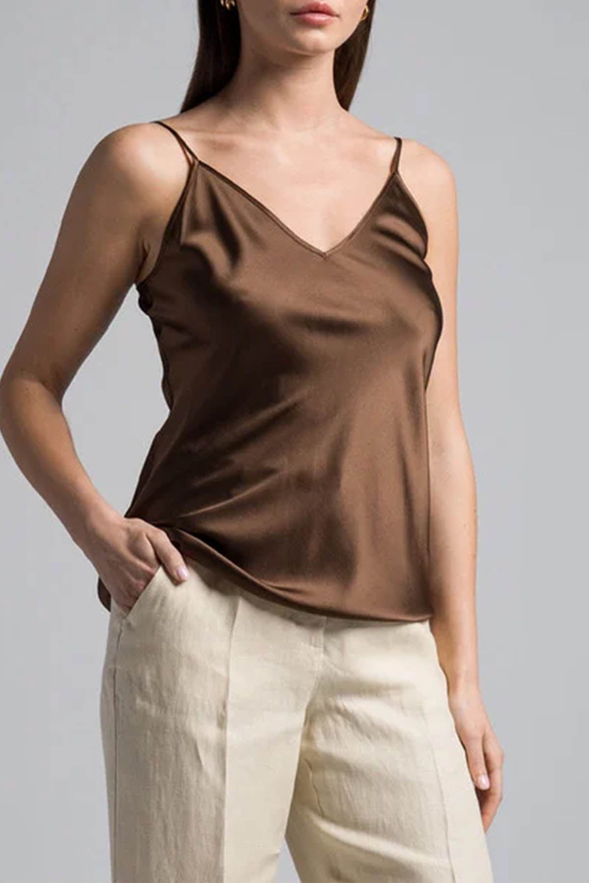 MAXMARA'S BRANDS TOP-CANOTTIERA IN TES.  CIOCCOLATO MARRONE / 34 Canotta in Seta Donna Max Mara Leisure Lucca