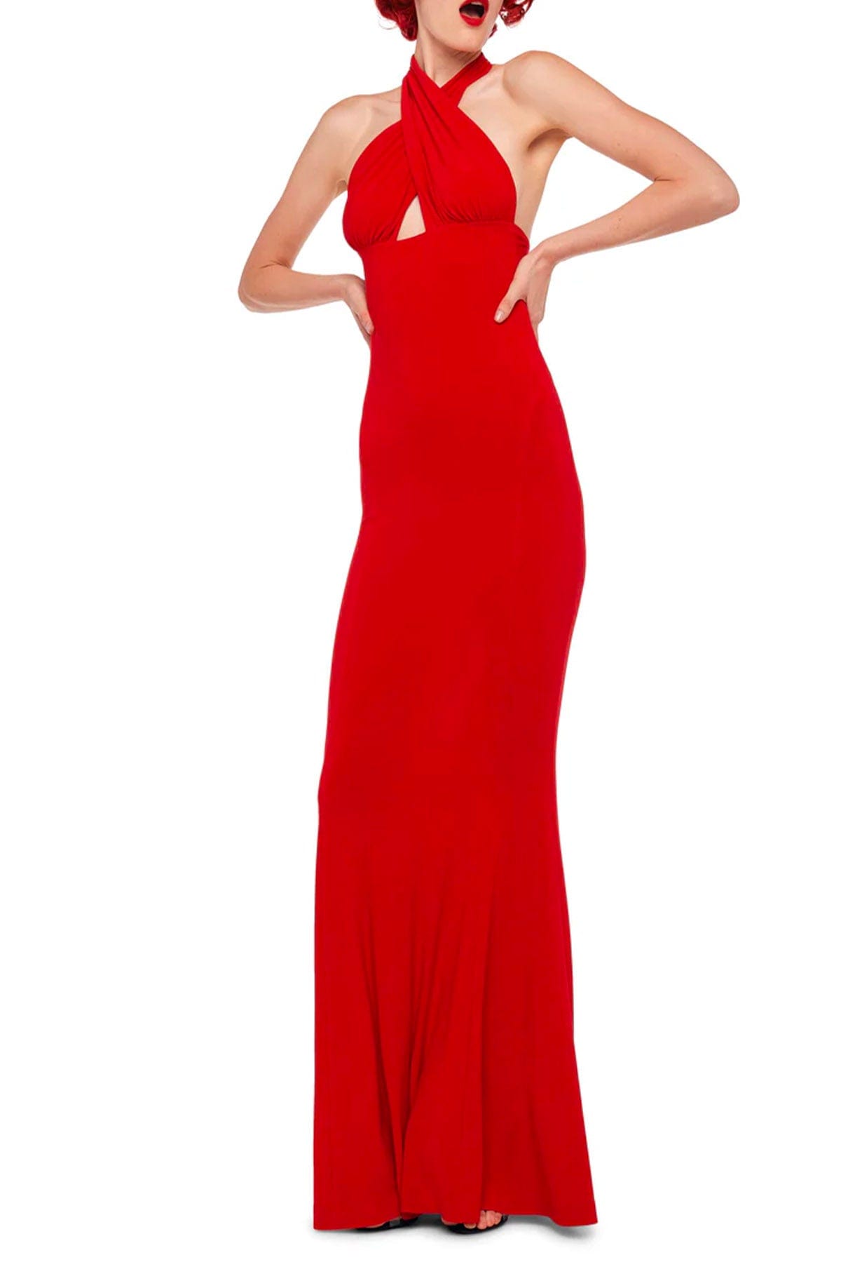 NORMA KAMALI ABITO  Cross Halter Fisthail gown Norma Kamali Red