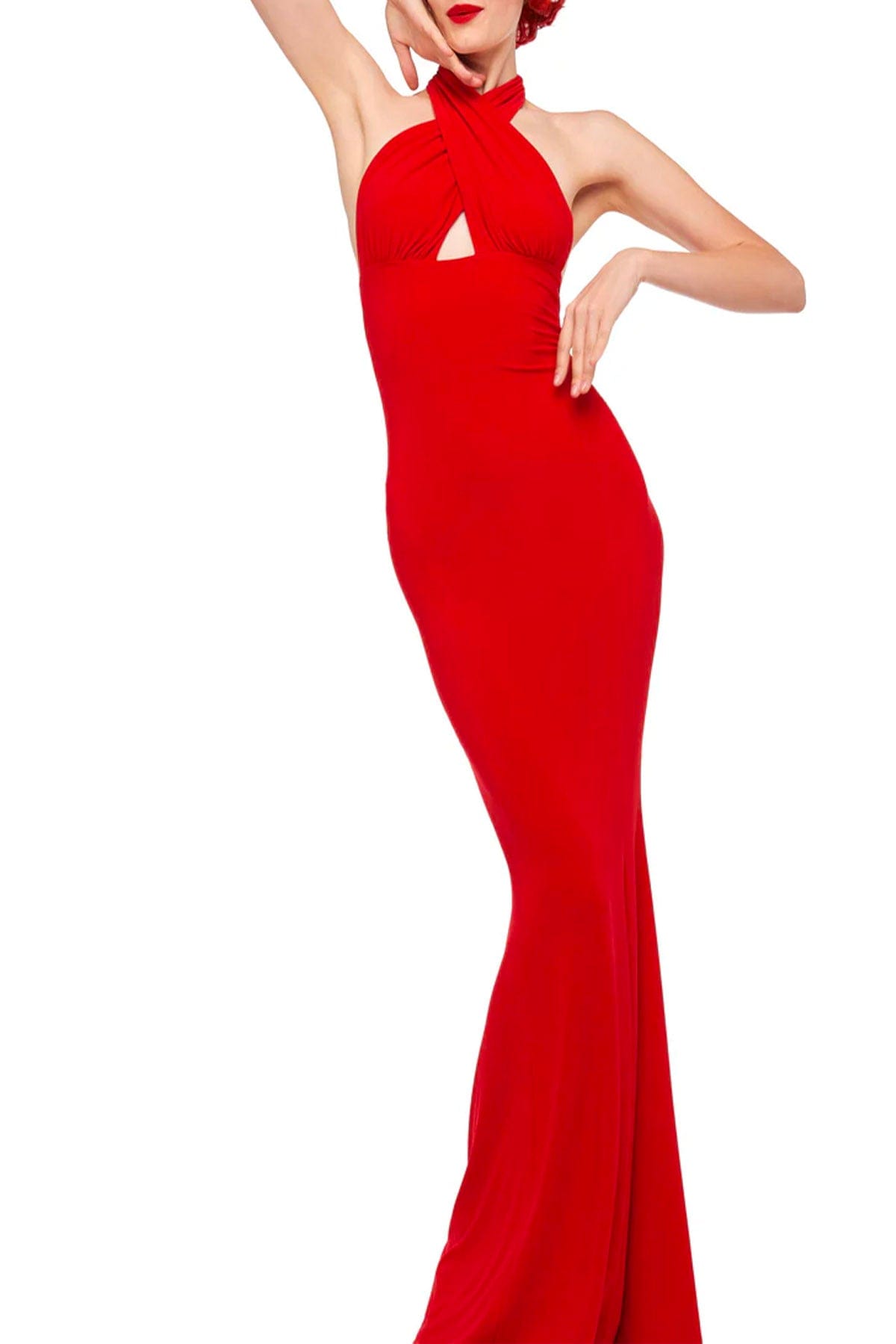 NORMA KAMALI ABITO  Cross Halter Fisthail gown Norma Kamali Red