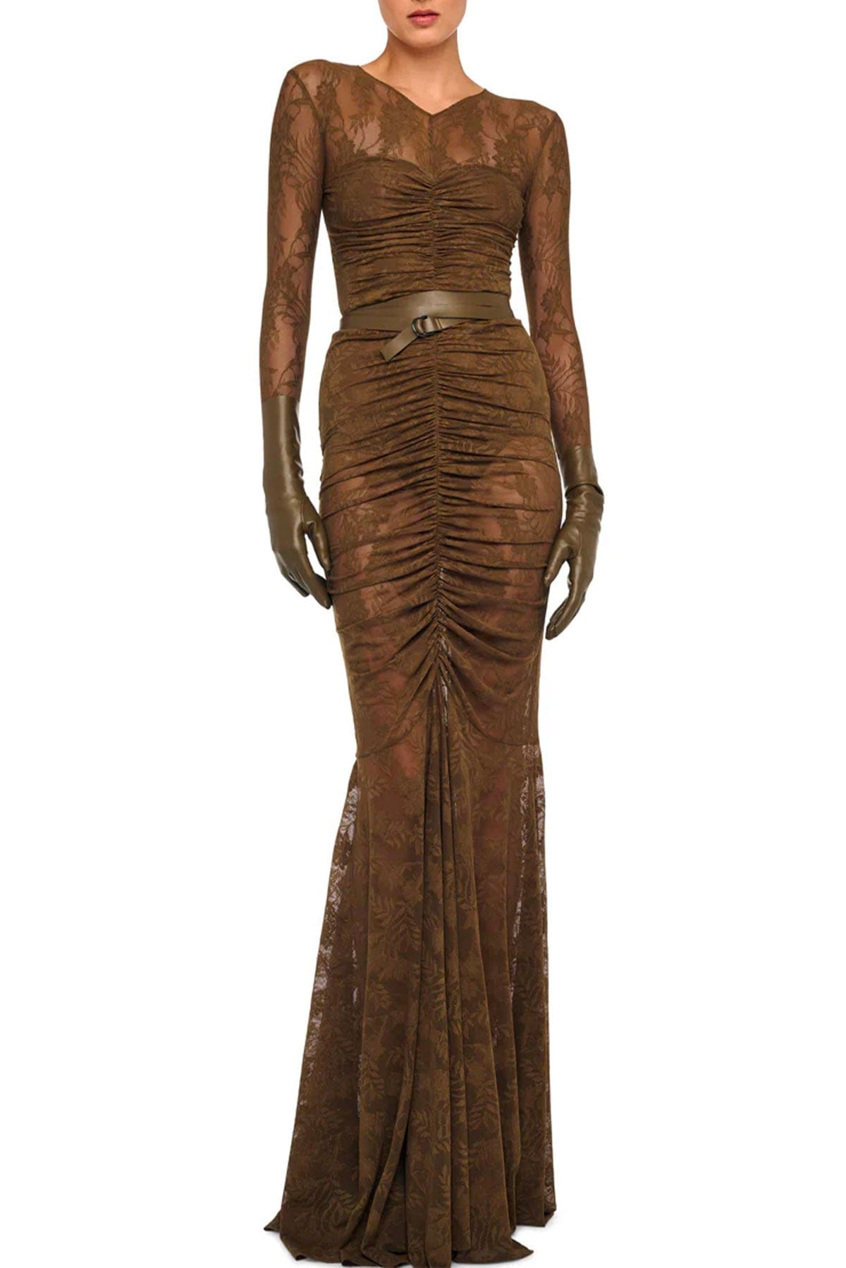 NORMA KAMALI ABITO  Long sleeve v neck shirred front fishtail gown Norma Kamali