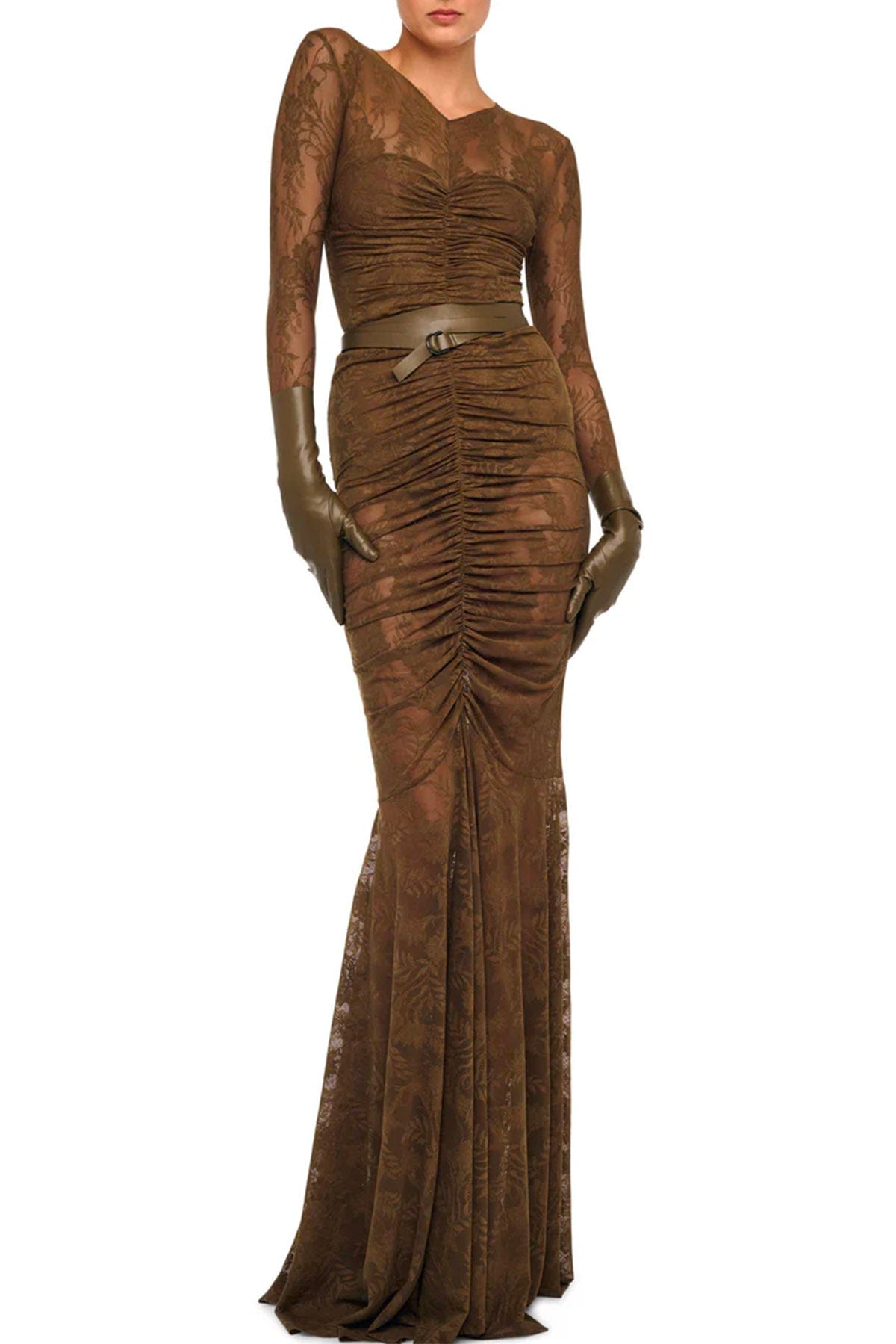 NORMA KAMALI ABITO  Long sleeve v neck shirred front fishtail gown Norma Kamali