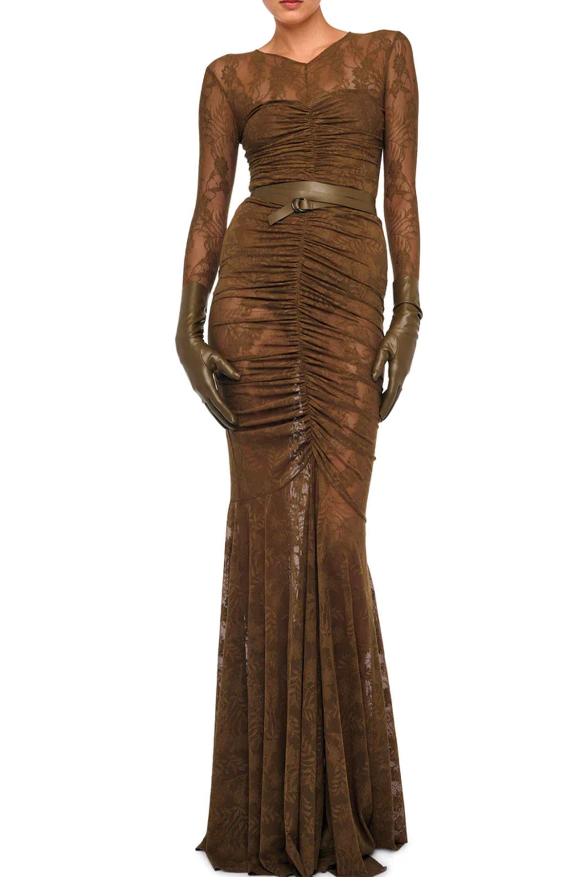 NORMA KAMALI ABITO  MARRONE CORTECCIA / XXS Long sleeve v neck shirred front fishtail gown Norma Kamali