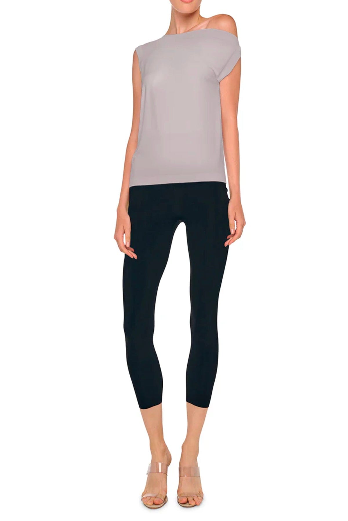 NORMA KAMALI TOP-CANOTTIERA IN TES.  Top grigio donna spalla scesa Norma Kamali KK4256PL143024