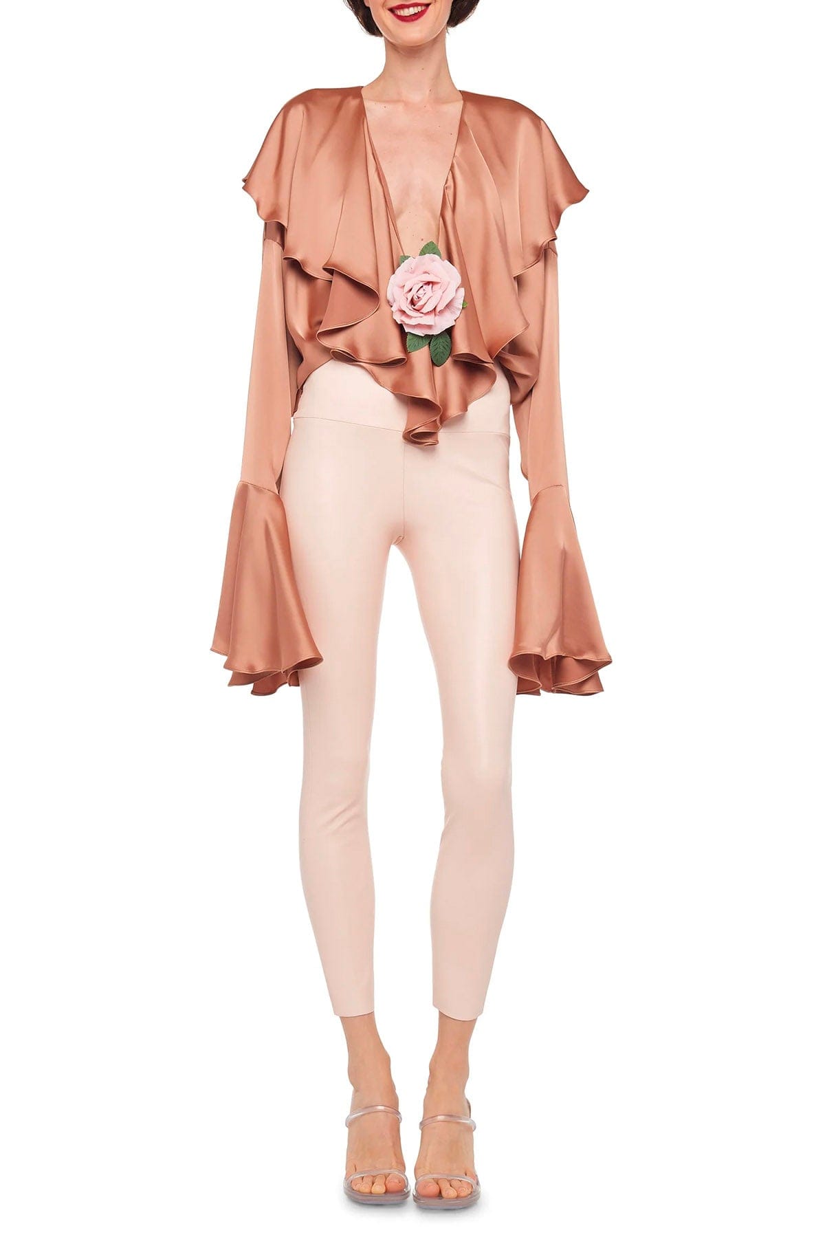 NORMA KAMALI TUTA SALOPETTE  CAPPUCCINO / XXS Norma Kamali Long Sleeve Deep V Ruffle Bodysuit Cappuccino