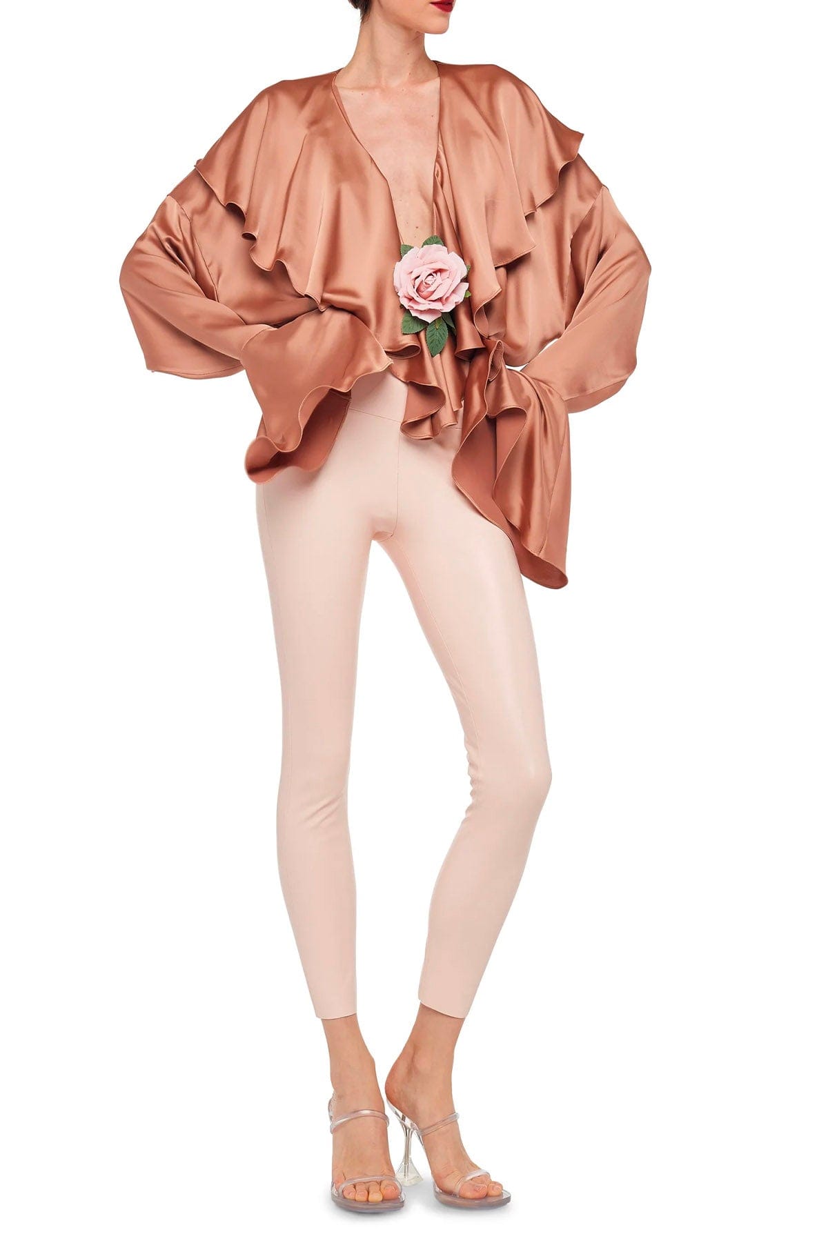 NORMA KAMALI TUTA SALOPETTE  Norma Kamali Long Sleeve Deep V Ruffle Bodysuit Cappuccino