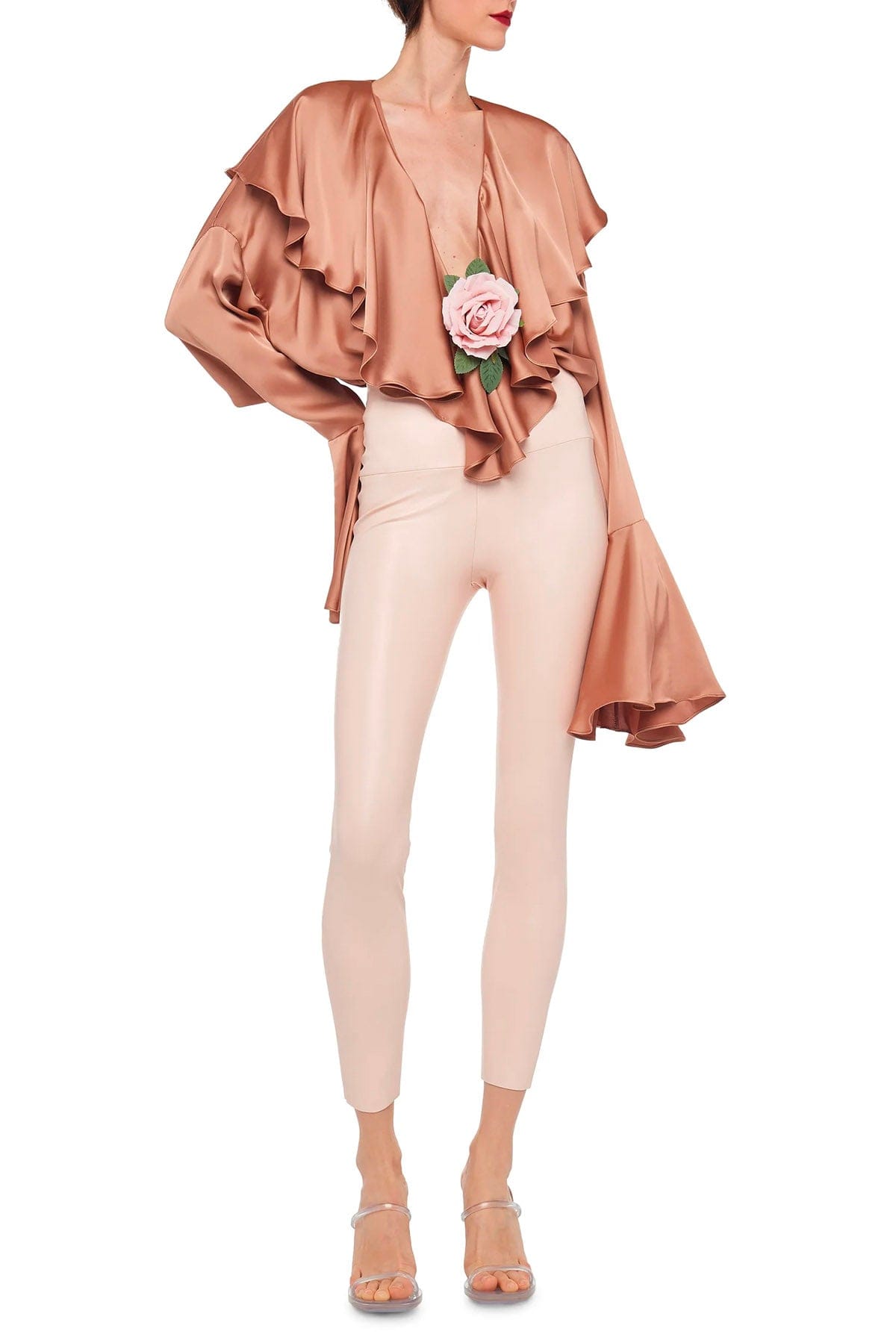 NORMA KAMALI TUTA SALOPETTE  Norma Kamali Long Sleeve Deep V Ruffle Bodysuit Cappuccino