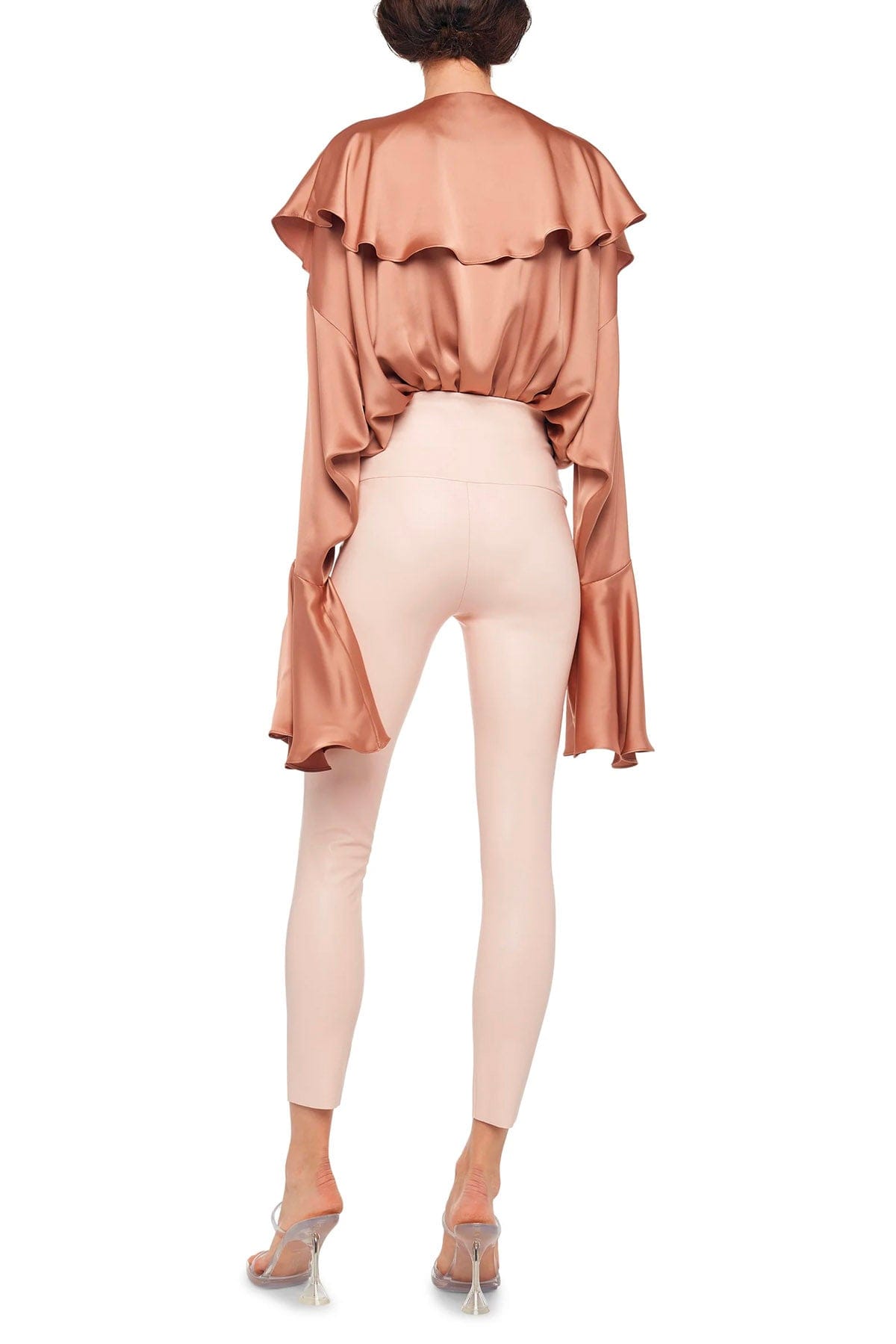 NORMA KAMALI TUTA SALOPETTE  Norma Kamali Long Sleeve Deep V Ruffle Bodysuit Cappuccino