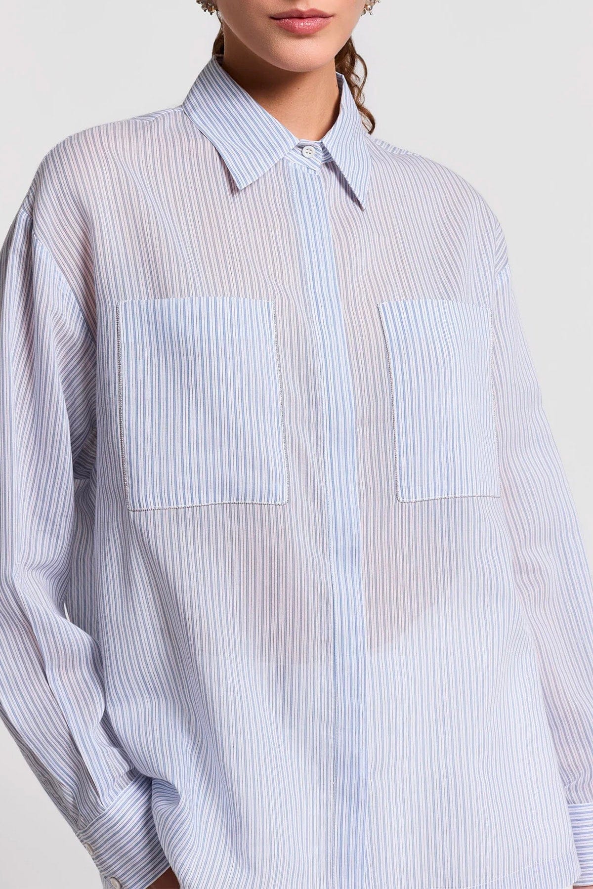 PESERICO CAMICIA  AZZURRO FIORDALISO / 36 Camicia donna voile rigato in cotone e seta A06399 Peserico