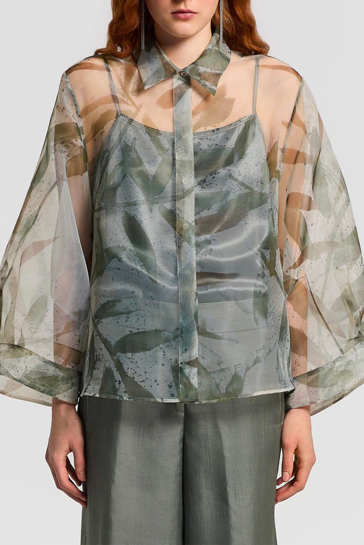 PESERICO CAMICIA  VERDE ARDESIA / 36 Camicia donna Organza stampata motivo foliage E06464D Peserico