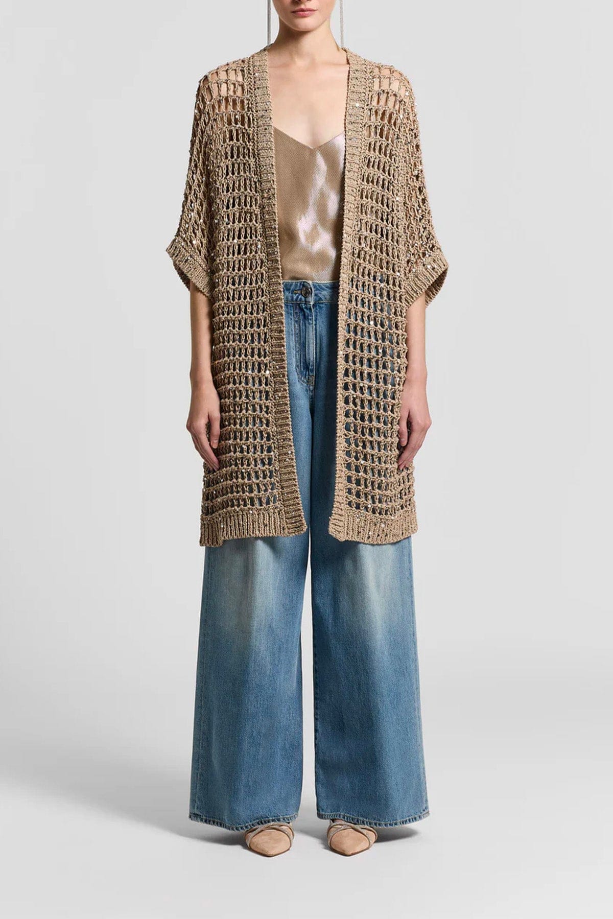 PESERICO CARDIGAN  BEIGE SABBIA DI QUARZO / 36 Maglia donna tricot Fettuccia di cotone con mix di paillettes E99166F03 Peserico