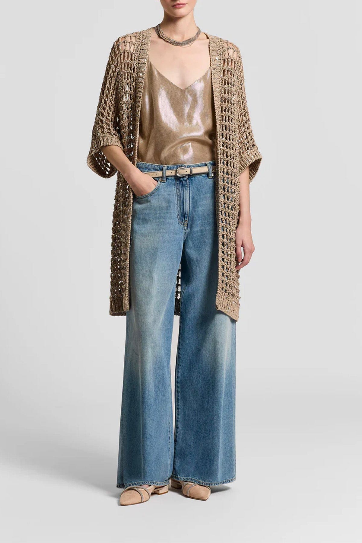 PESERICO CARDIGAN  BEIGE SABBIA DI QUARZO / 36 Maglia donna tricot Fettuccia di cotone con mix di paillettes E99166F03 Peserico