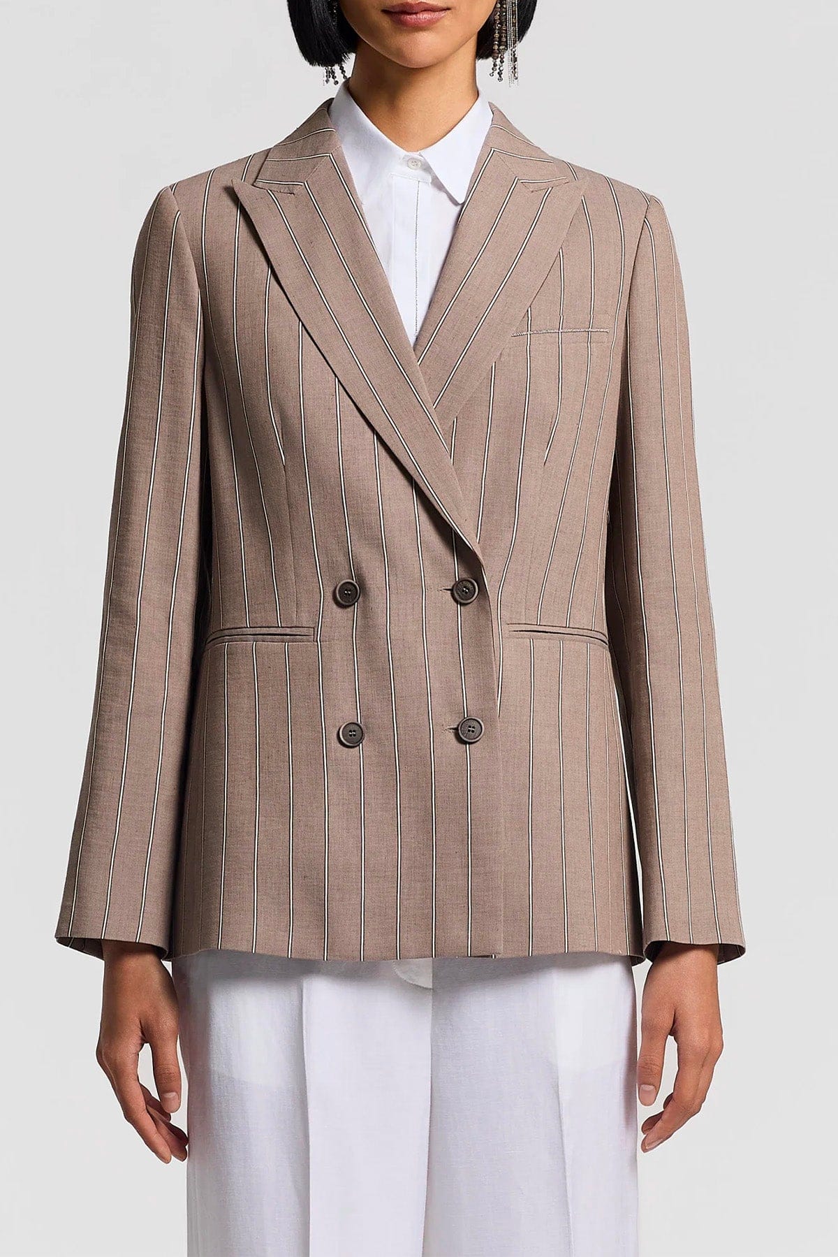 PESERICO GIACCA  MARRONE ARGILLA / 36 Giacca donna twill gessato in cotone e lino A01199 Peserico
