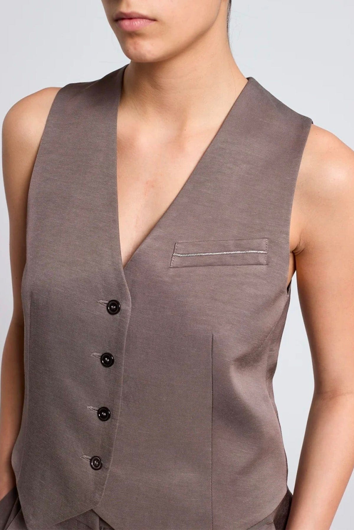 PESERICO GILET  MARRONE CORTECCIA / 36 Gilet donna Twill fluido in viscosa lino A03031 Peserico