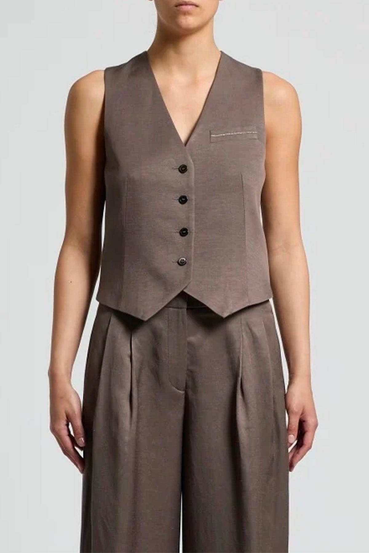 PESERICO GILET  MARRONE CORTECCIA / 36 Gilet donna Twill fluido in viscosa lino A03031 Peserico