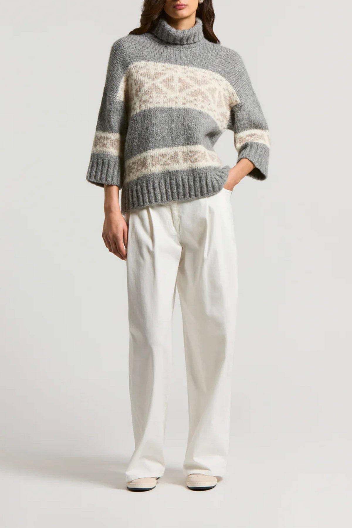 PESERICO MAGLIA-CANOTTIERA-TOP  GRIGIO CHIARO / BIANCO LANA / 36 Maglia donna lavorata Peserico in alpaca e lana