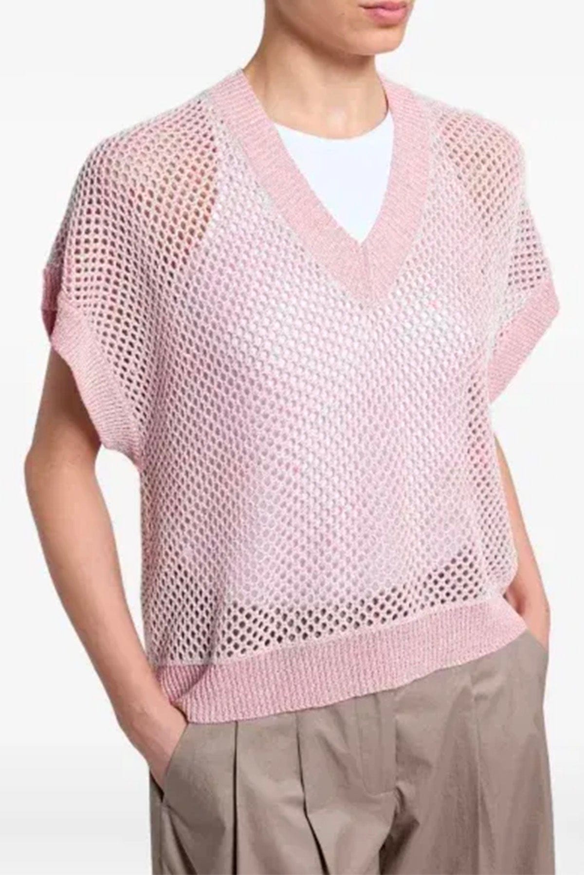 PESERICO MAGLIA-CANOTTIERA-TOP  ROSA PEONIA / 36 Maglia donna tricot filato melande di lino e cotone e pailettes