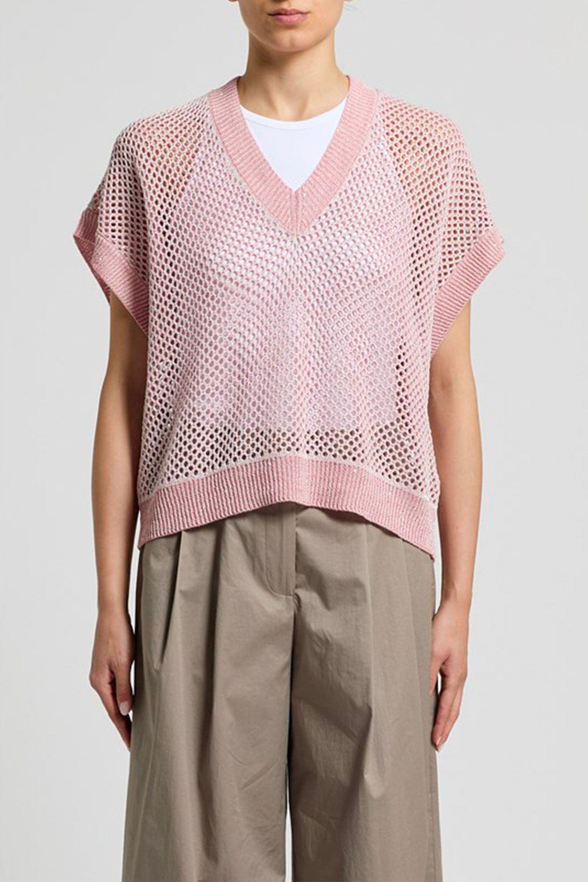 PESERICO MAGLIA-CANOTTIERA-TOP  ROSA PEONIA / 36 Maglia donna tricot filato melande di lino e cotone e pailettes