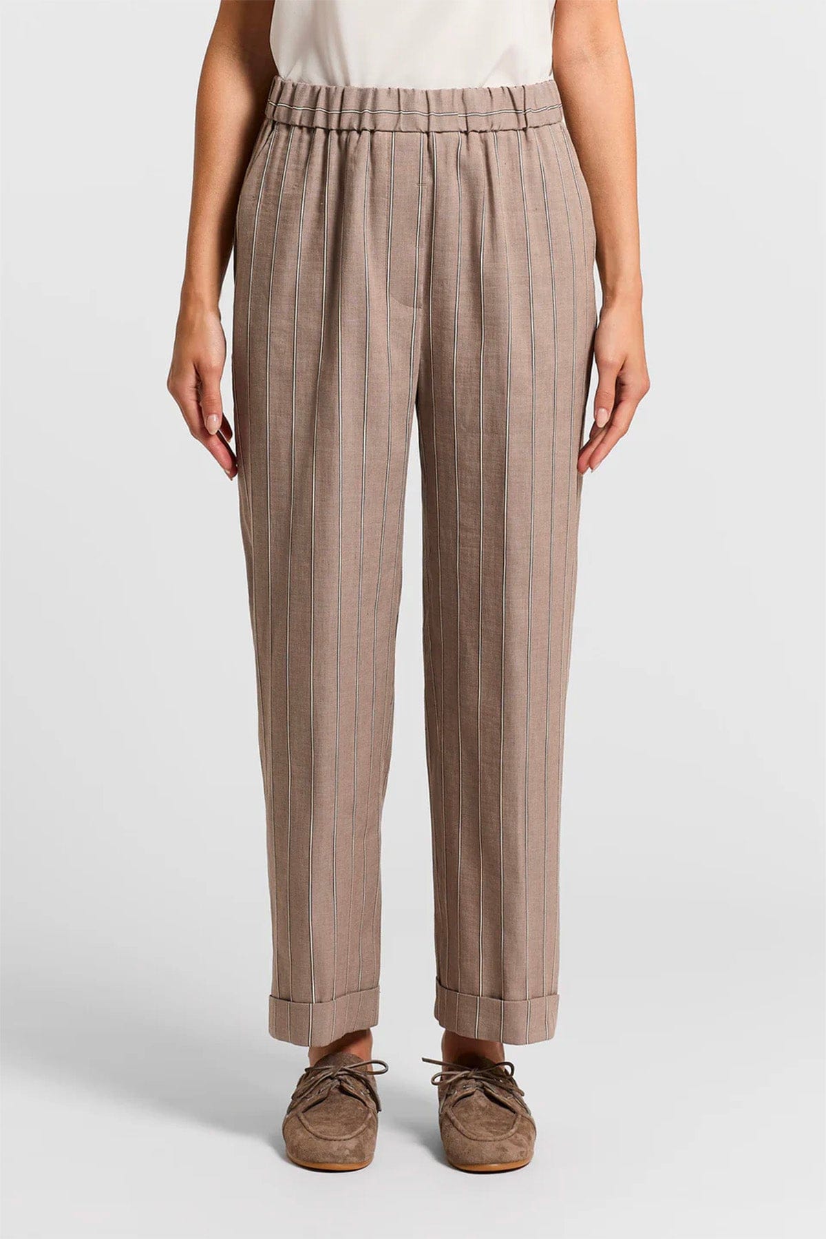 PESERICO PANTALONE LUNGO  MARRONE ARGILLA / 36 Pantalone donna twill gessato in cotone e lino A04036 Peserico