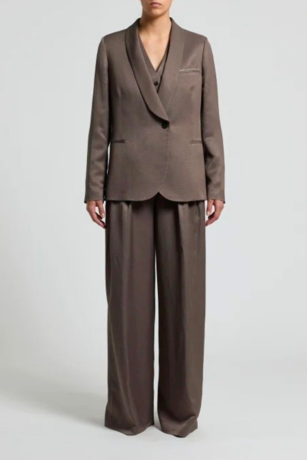 PESERICO PANTALONE LUNGO  MARRONE CORTECCIA / 36 Pantalone donna Twill fluido in viscosa lino A04335 Peserico