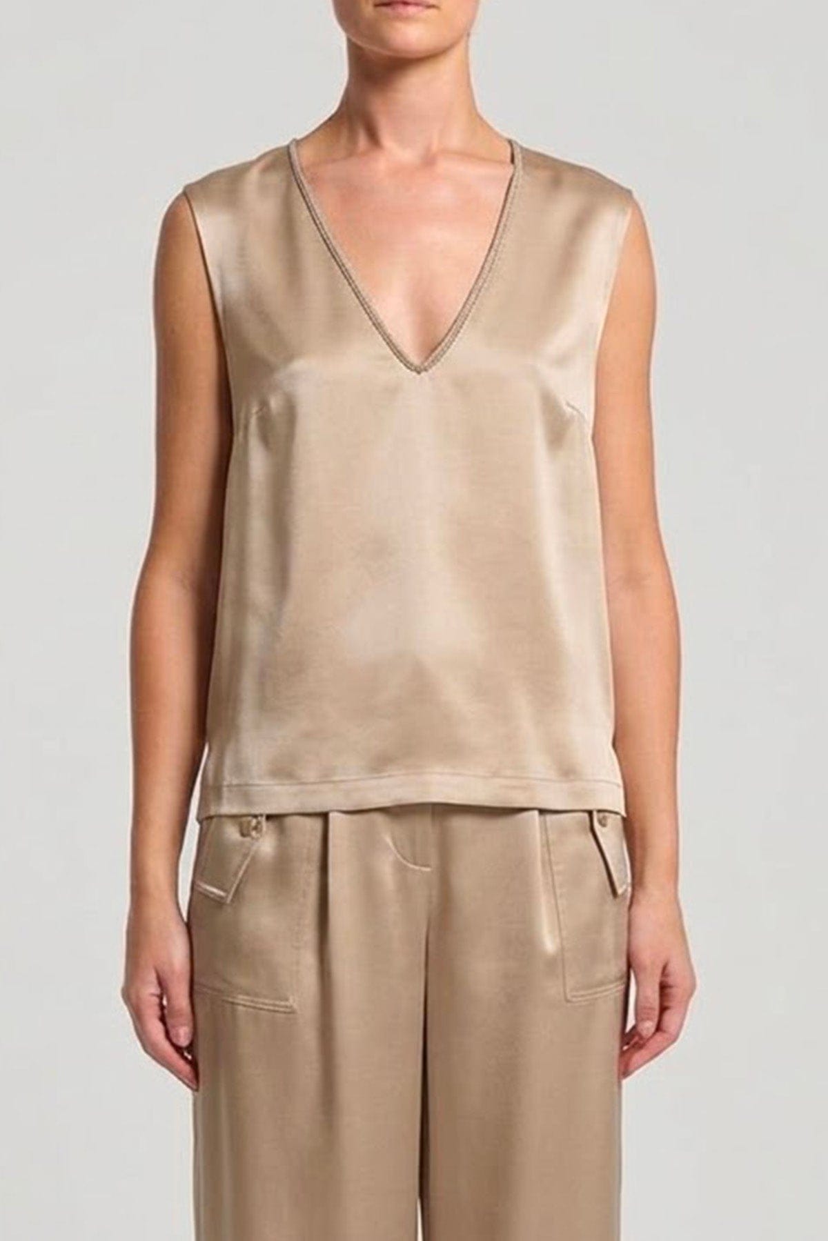 PESERICO TOP-CANOTTIERA IN TES.  BEIGE SABBIA DI QUARZO / 36 Top donna Raso di seta strech lucido 16mm E08981 Peserico