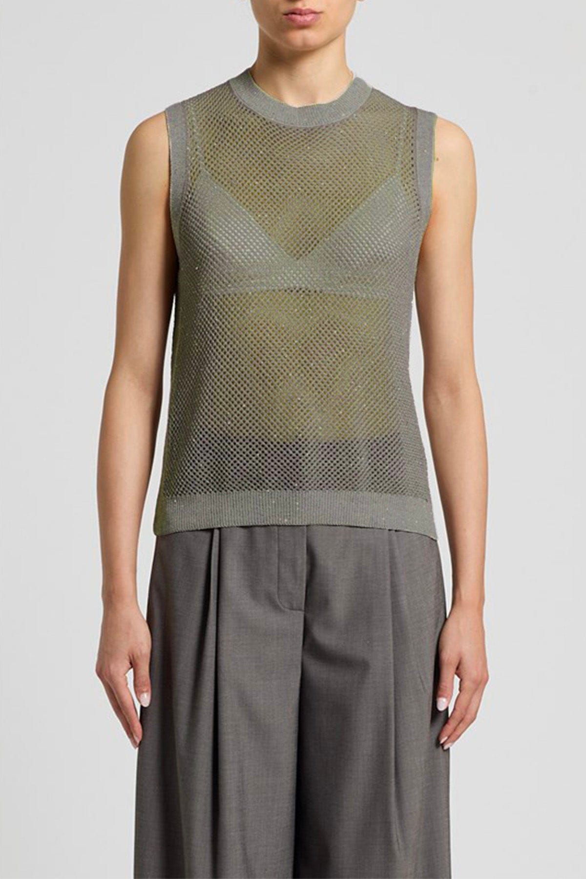 PESERICO TOP-CANOTTIERA IN TES.  VERDE FOGLIE D'OLIVO / 36 Top donna tricot filato di cotone egiziano e pailettes  A98208F12 Peserico