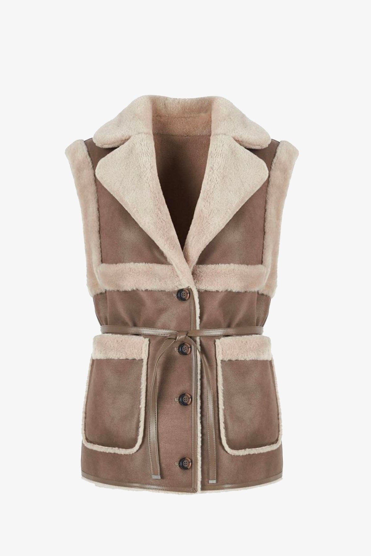 URBANCODE GILET  CAMMELLO-CREMA / XXS Gilet in Eco Montone Donna Urbancode